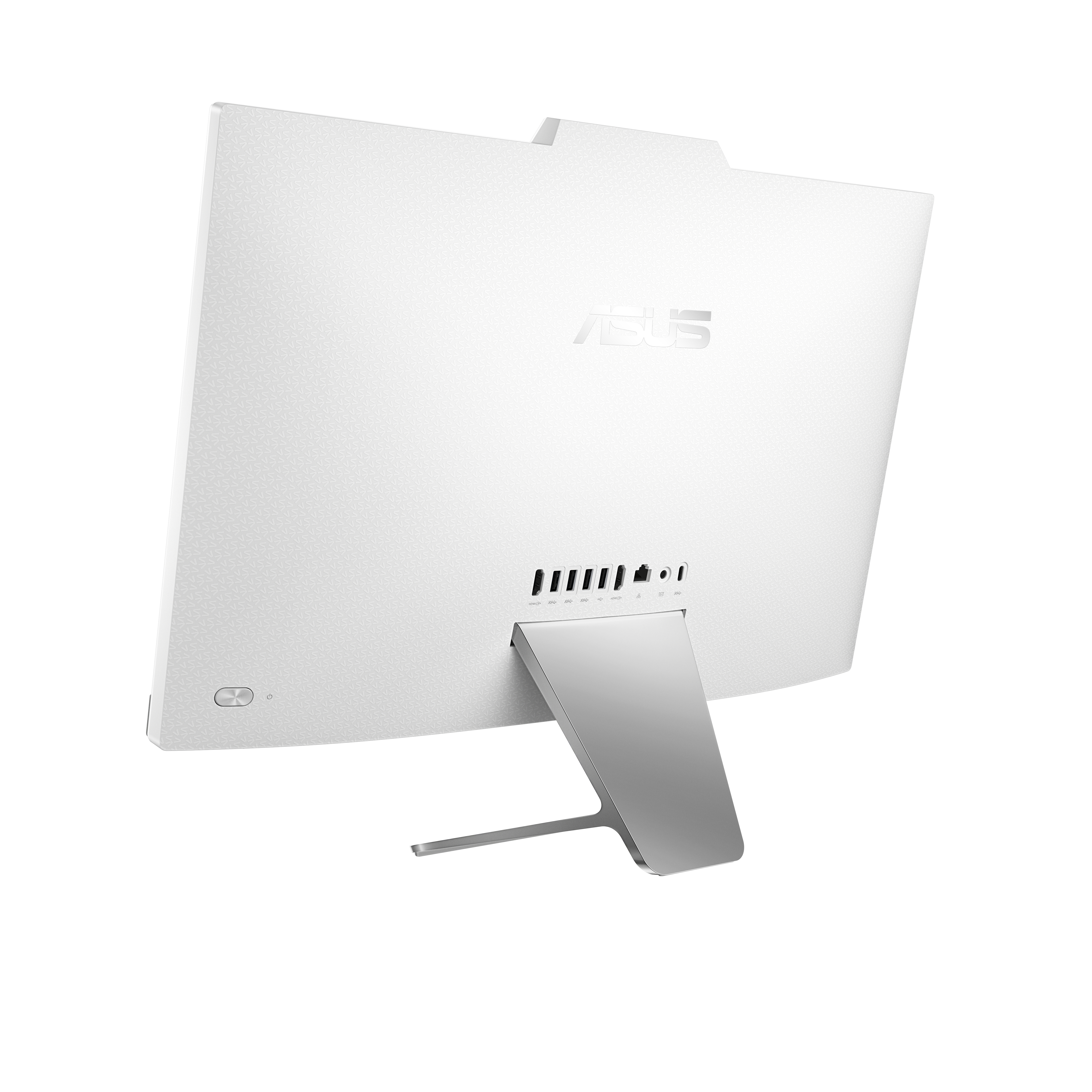 Ordenador blanco ASUS todo en uno, vista trasera. Soporte plateado y puertos visibles.