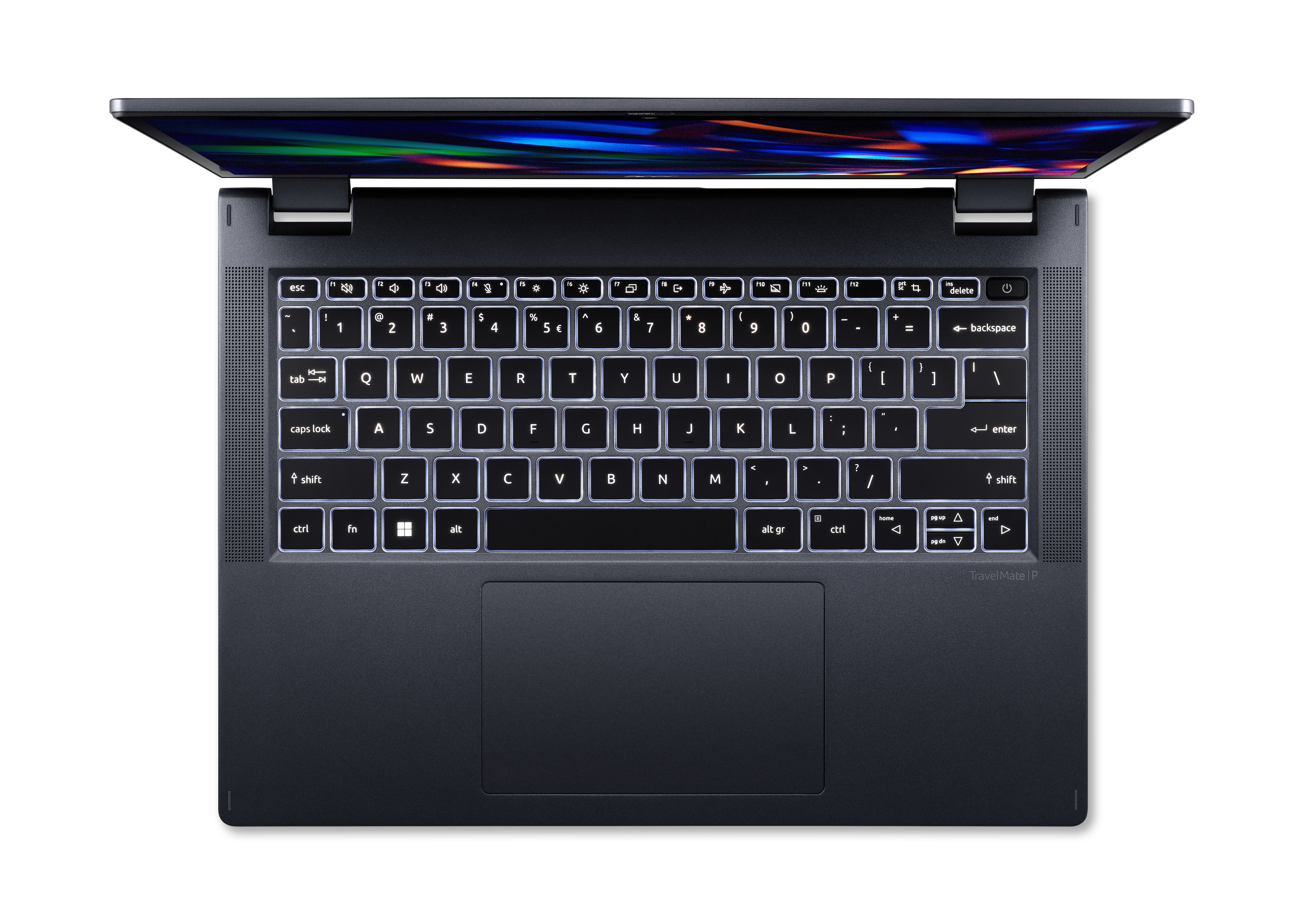 Widok z góry na laptopa z podświetlaną klawiaturą na białym tle.