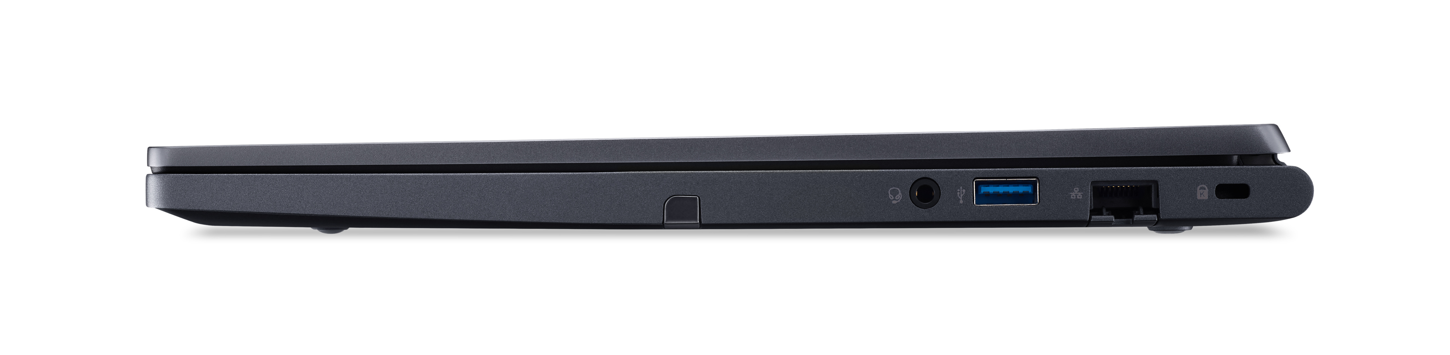 Ciemny laptop z boku. Widoczne porty to audio, USB, ethernet i zasilanie.