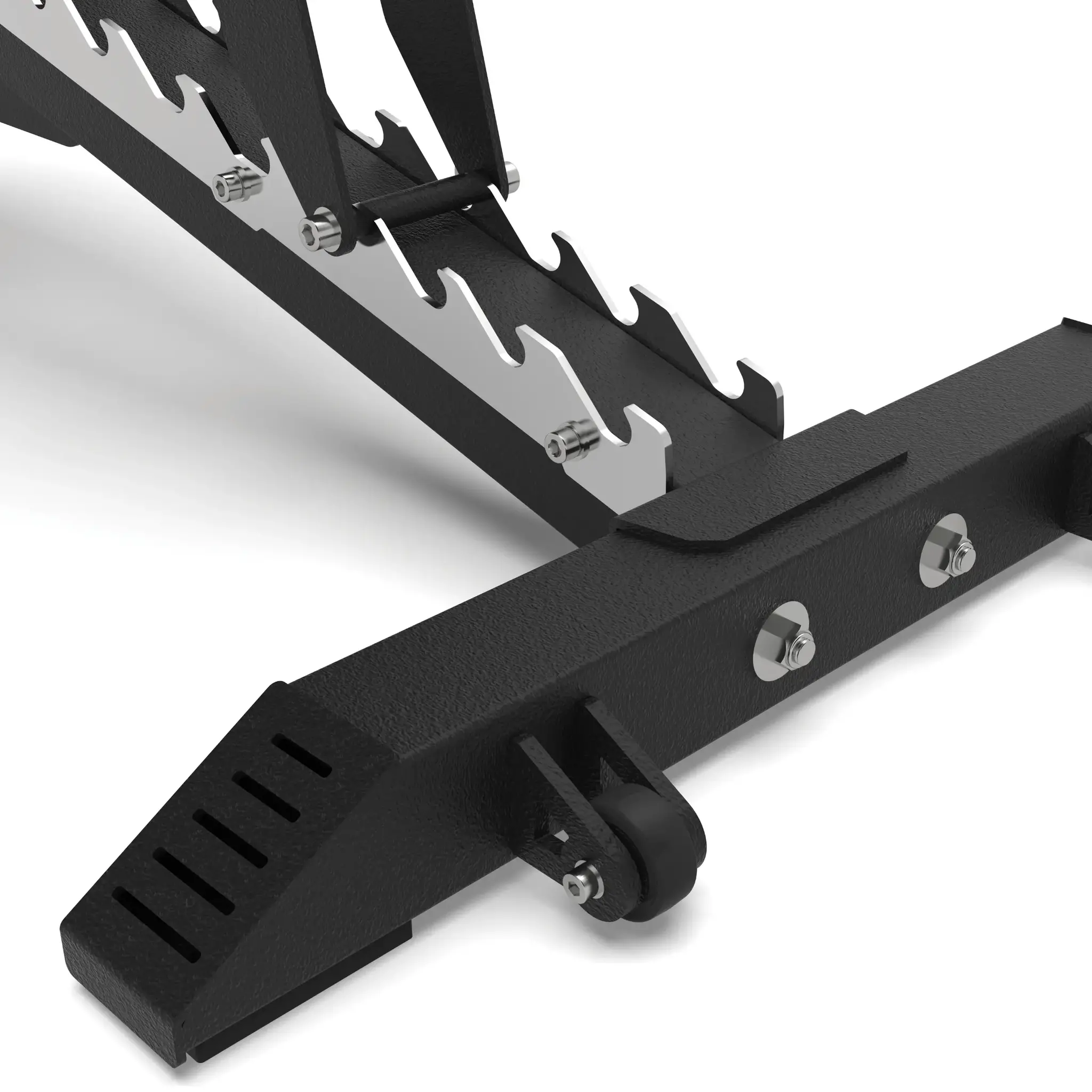 Black weight bench base with metal supports and screws on white background.