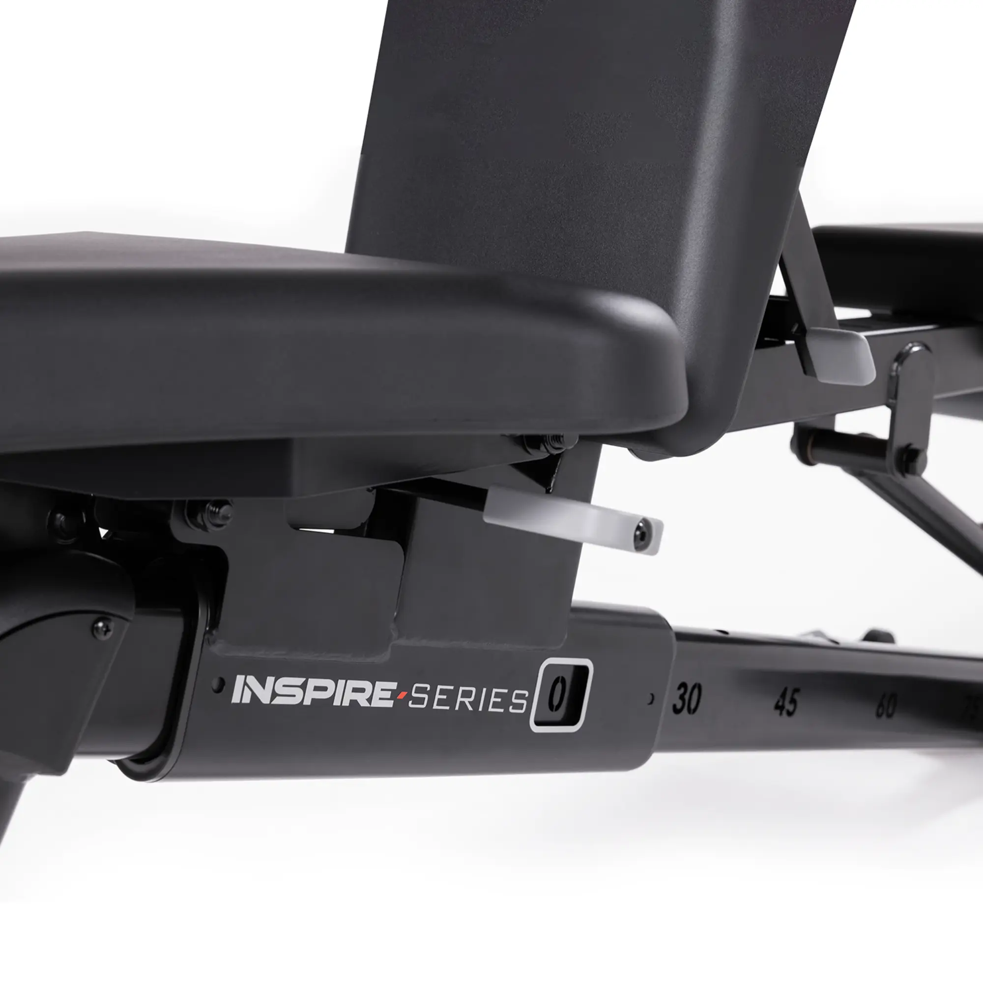 Black weight bench with an Inspire Series 0 logo and adjustable settings.