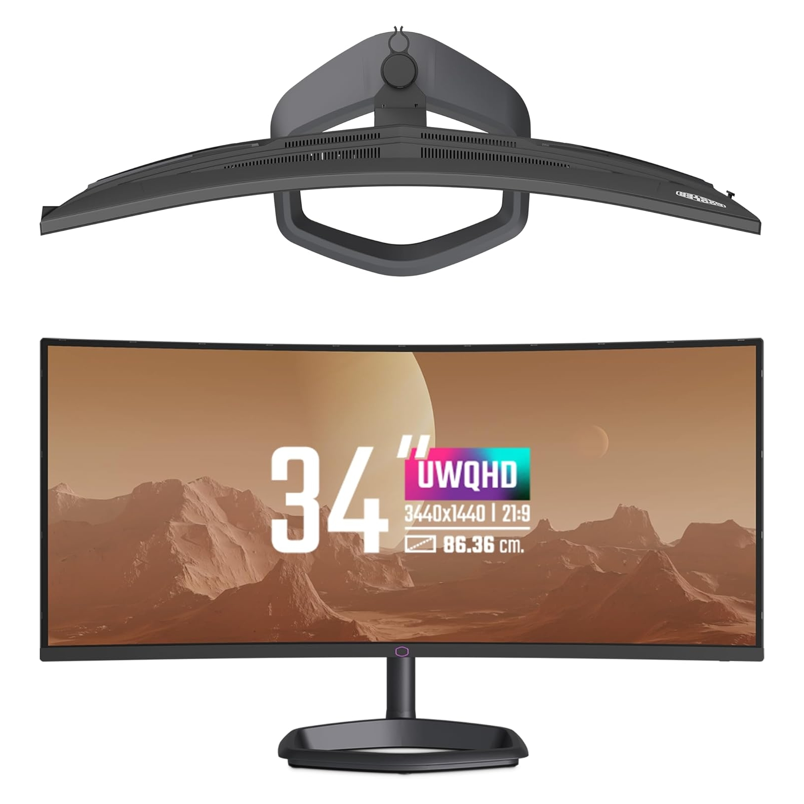 Een gebogen computermonitor met tekst en een afbeelding op het scherm, met een standaard.
