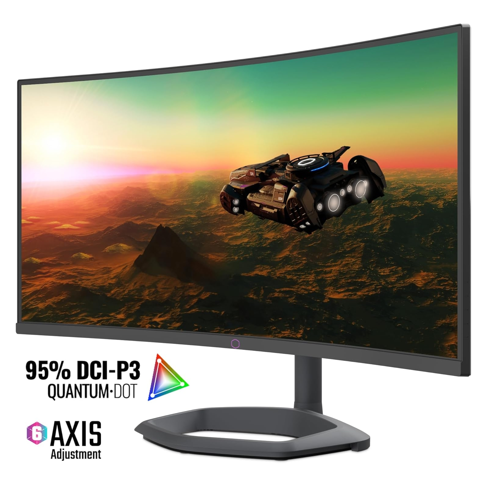 Gebogen monitor met een ruimteschipscène en gaming-branding.