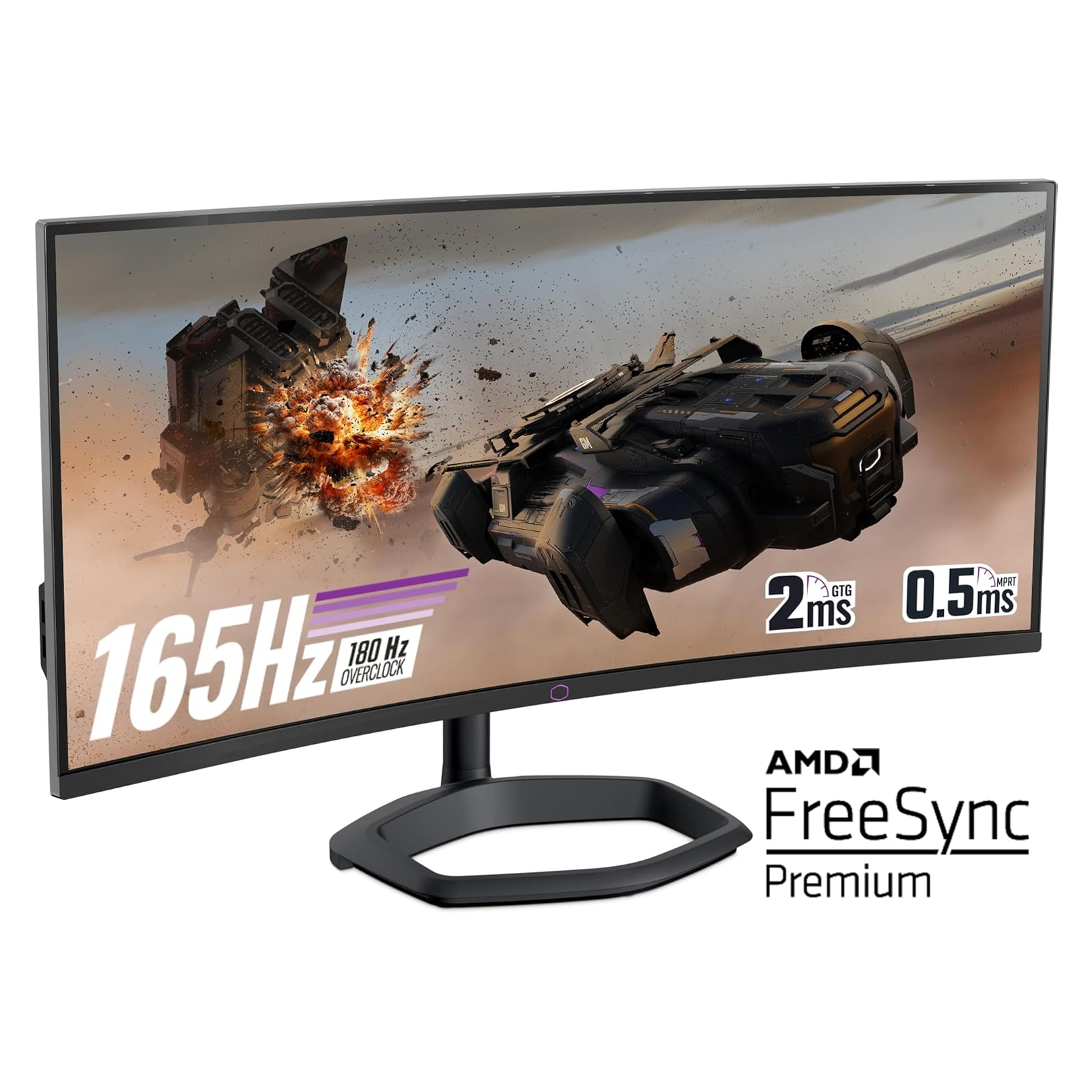 Gebogen monitor met game graphics, 165Hz, 0,5ms responstijd en AMD FreeSync Premium.