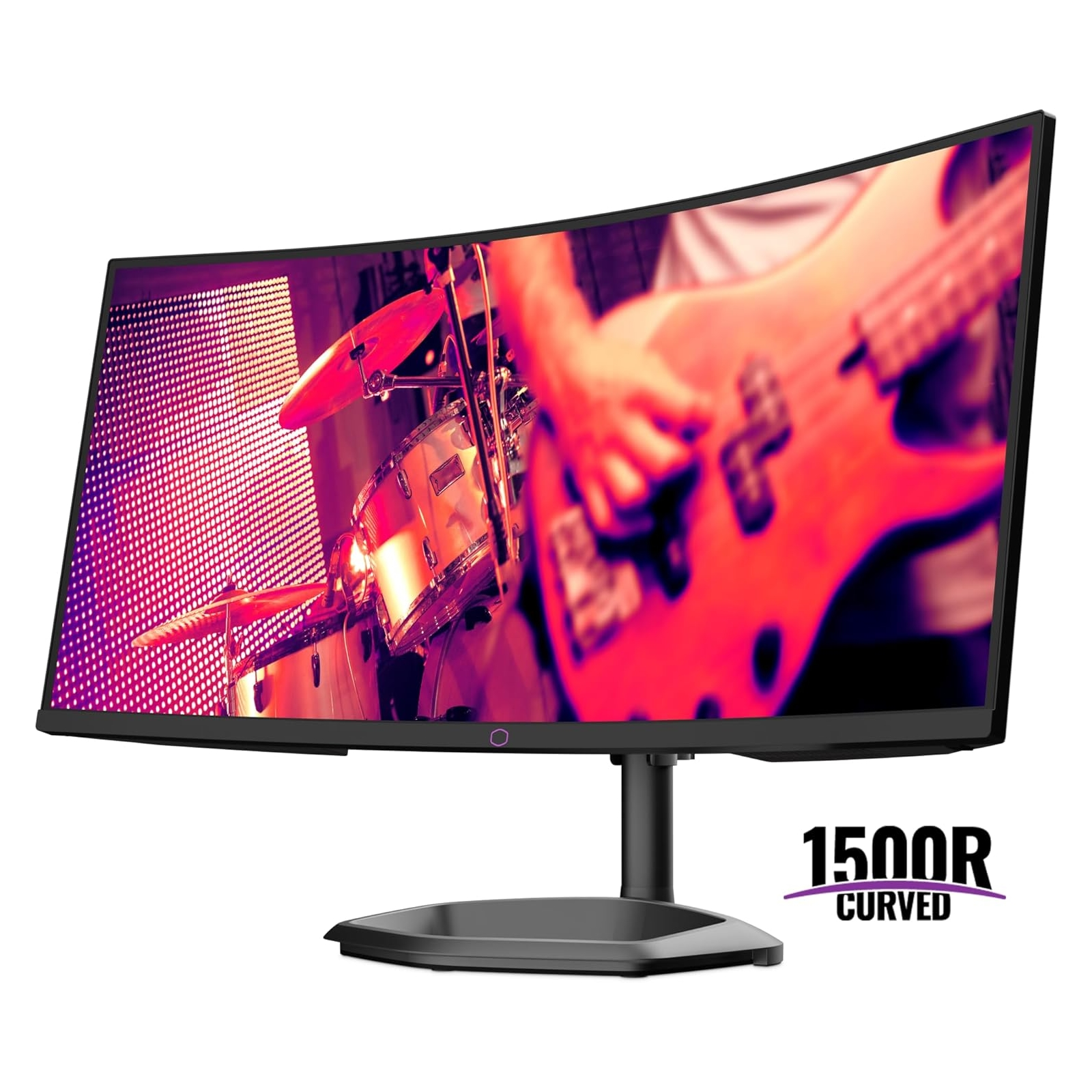 Een gebogen computermonitor met een concertscène.