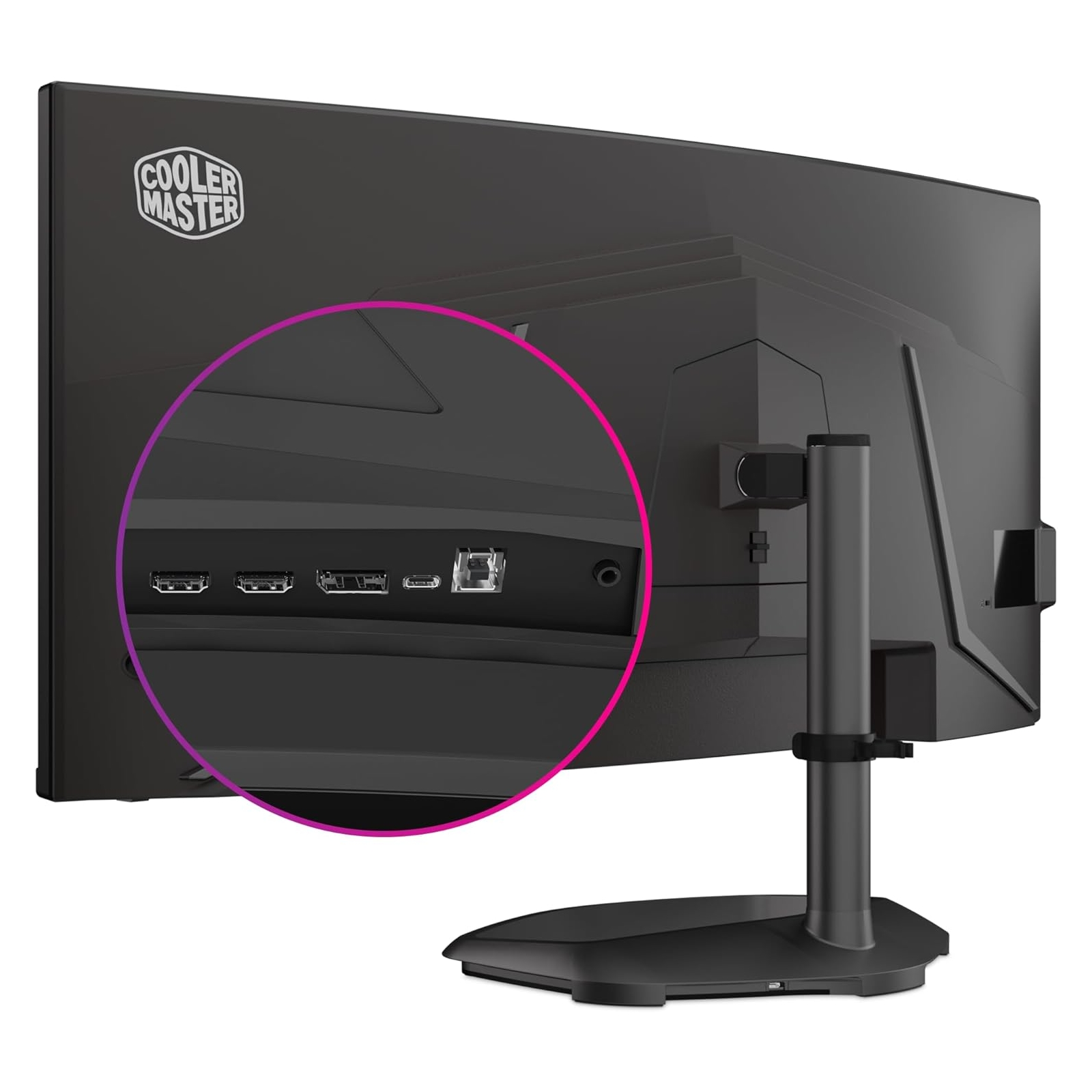 Achterkant van een zwarte computermonitor. Heeft poorten gemarkeerd in een cirkel. Grijze achtergrond.
