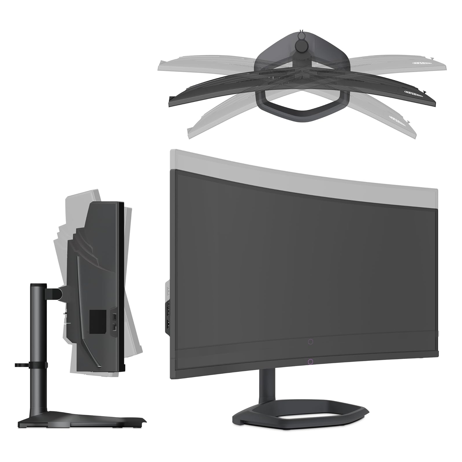 Een gebogen computermonitor. Het wordt vanuit meerdere hoeken getoond, inclusief de standaard en de achterkant.