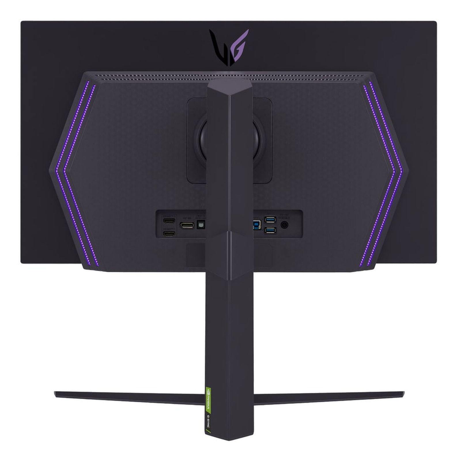 Czarny tył monitora z portami, podstawą i fioletowymi światłami.