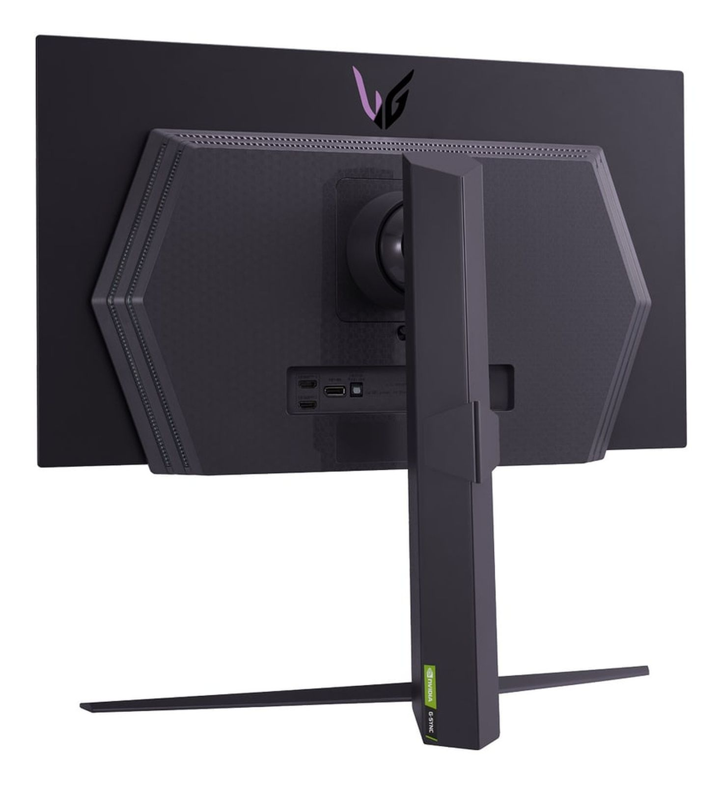 Widok z tyłu czarnego monitora komputera ze stojakiem. Porty widoczne z tyłu.