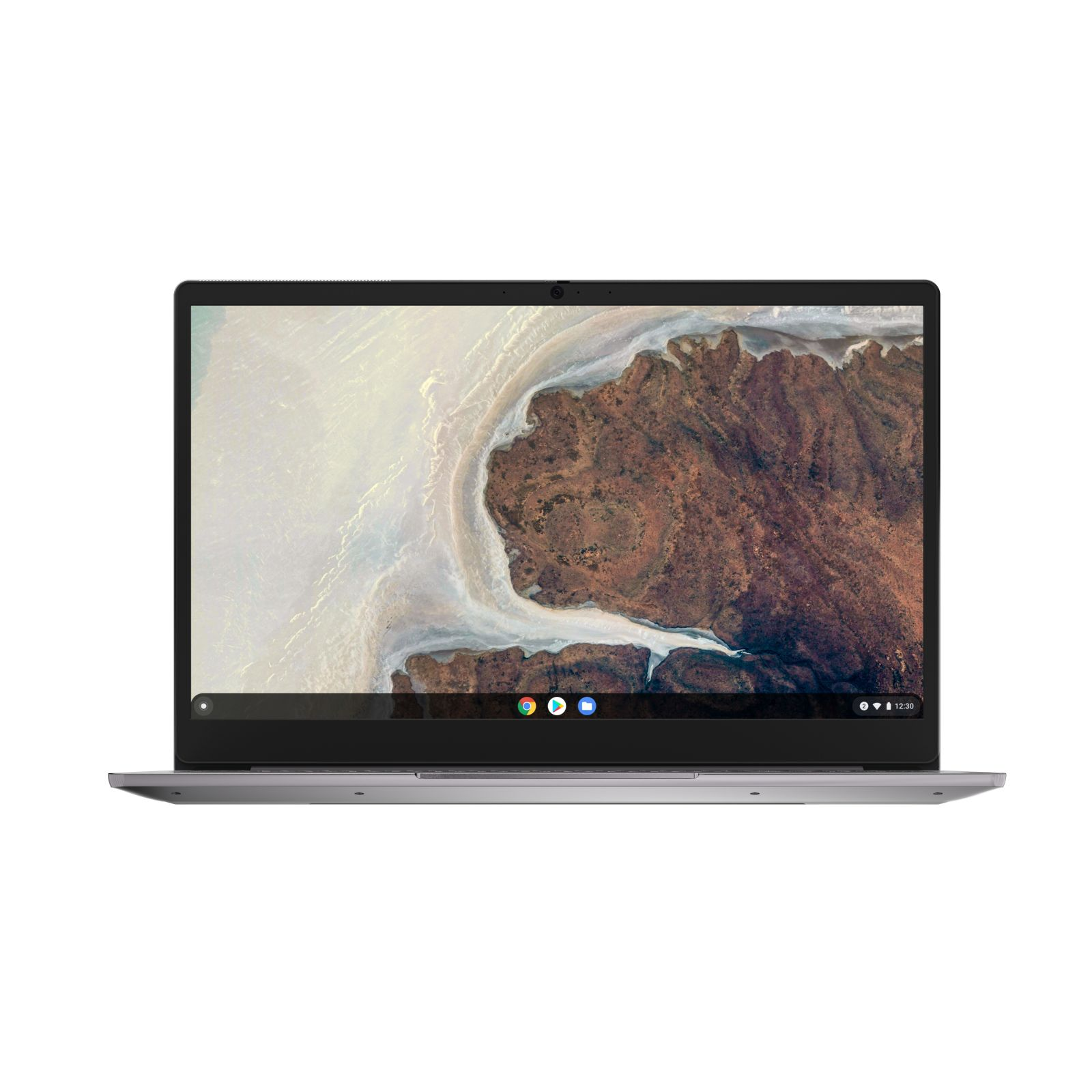 Srebrny laptop z ekranem wyświetlającym pustynny krajobraz i logo Chrome OS.