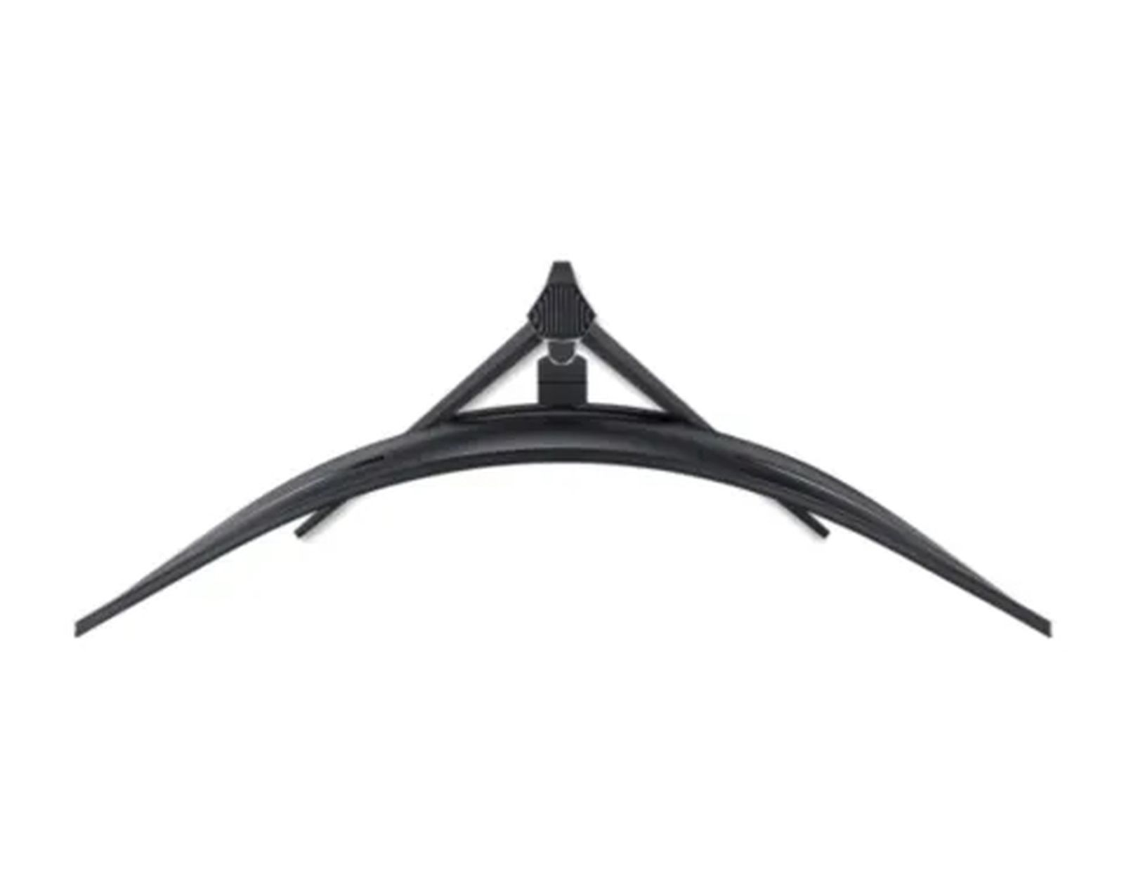 Czarny zakrzywiony stojak na monitor, widok z boku, na białym tle.