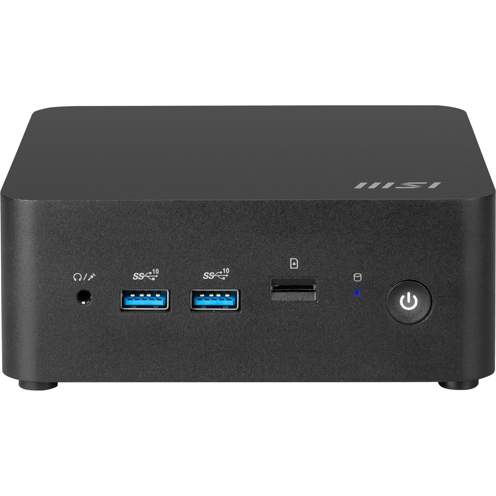 Ein schwarzer MSI-Computer, rechteckig, mit Anschlüssen und einem Ein- / Aus-Schalter auf der Vorderseite.