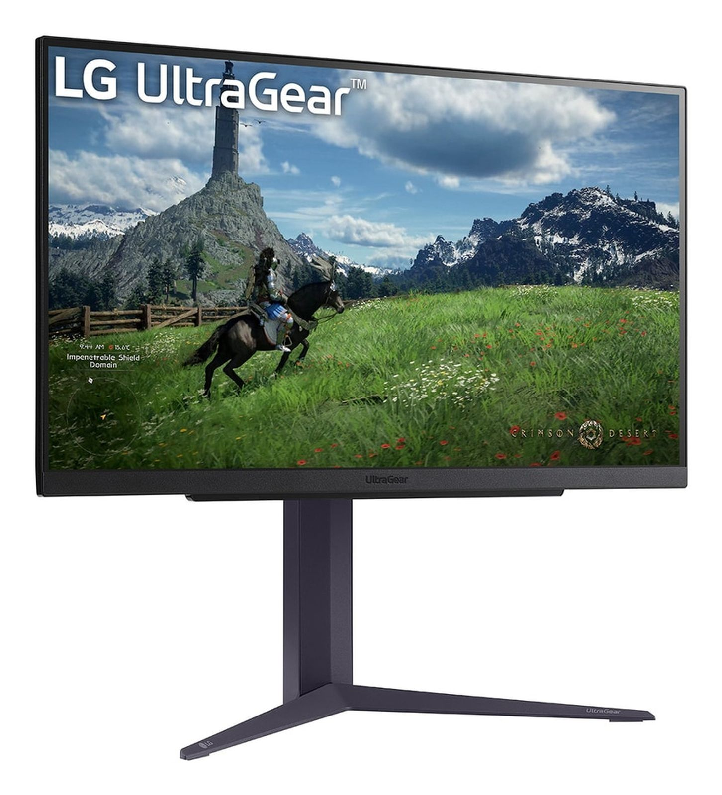 Monitor LG UltraGear wyświetla scenę z gry z jeźdźcem na koniu w górskim krajobrazie.