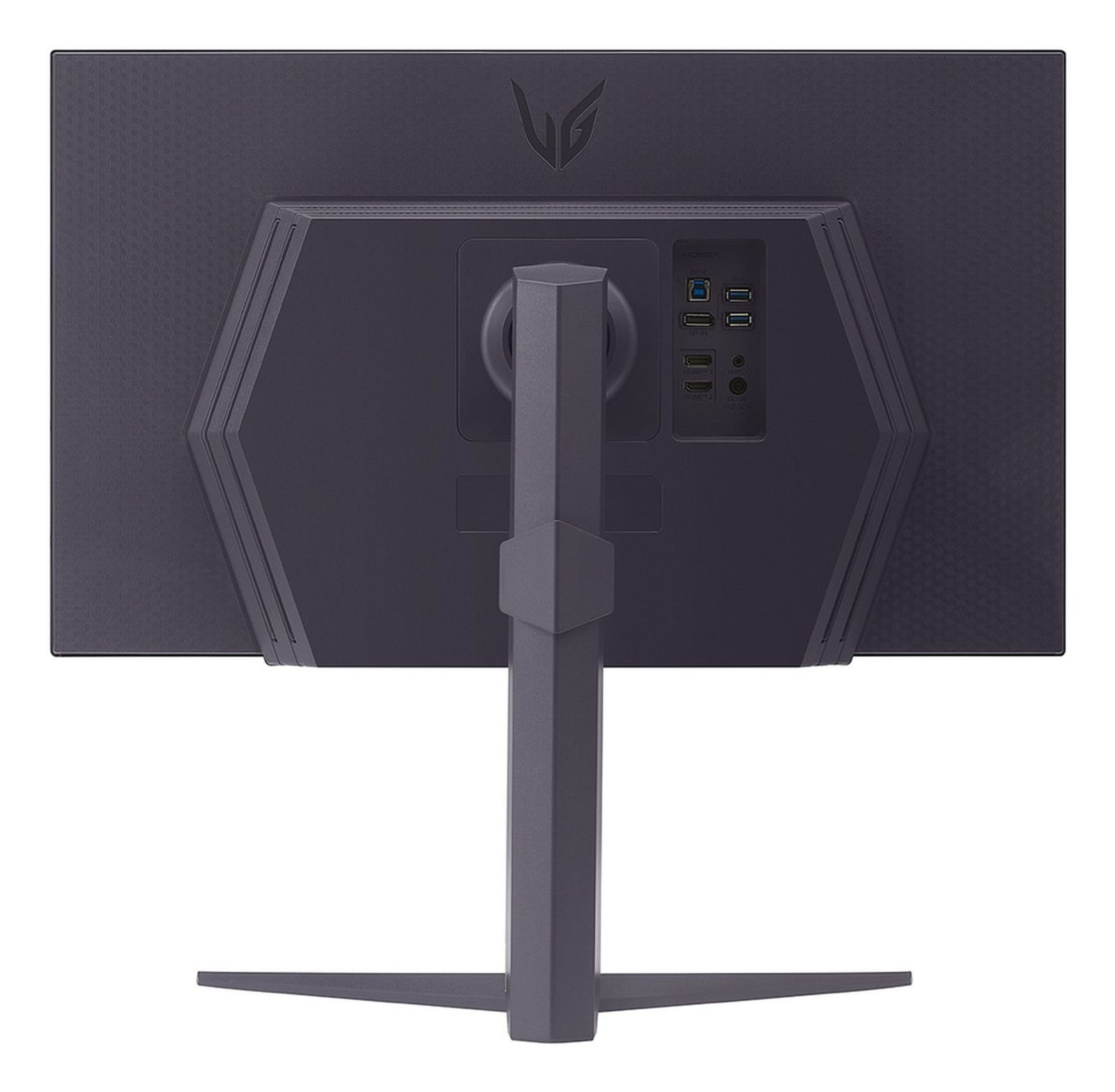 Czarny monitor komputera pokazujący tył, z portami i podstawką, na białym tle.