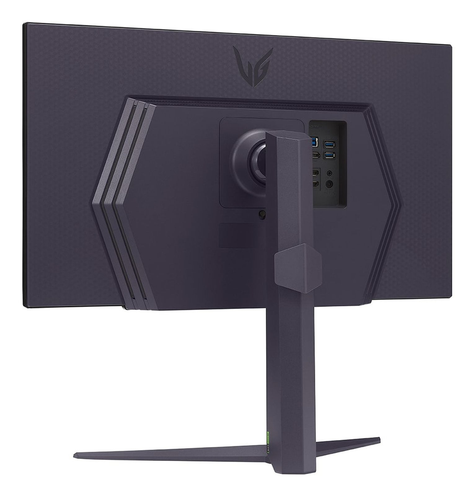 Tył ciemnofioletowego monitora z portami i stojakiem.