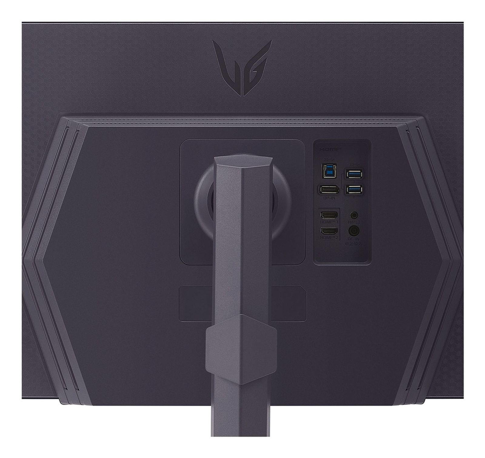 Tył czarnego monitora LG z portami: HDMI, USB. Logo LG u góry. Szary stojak.