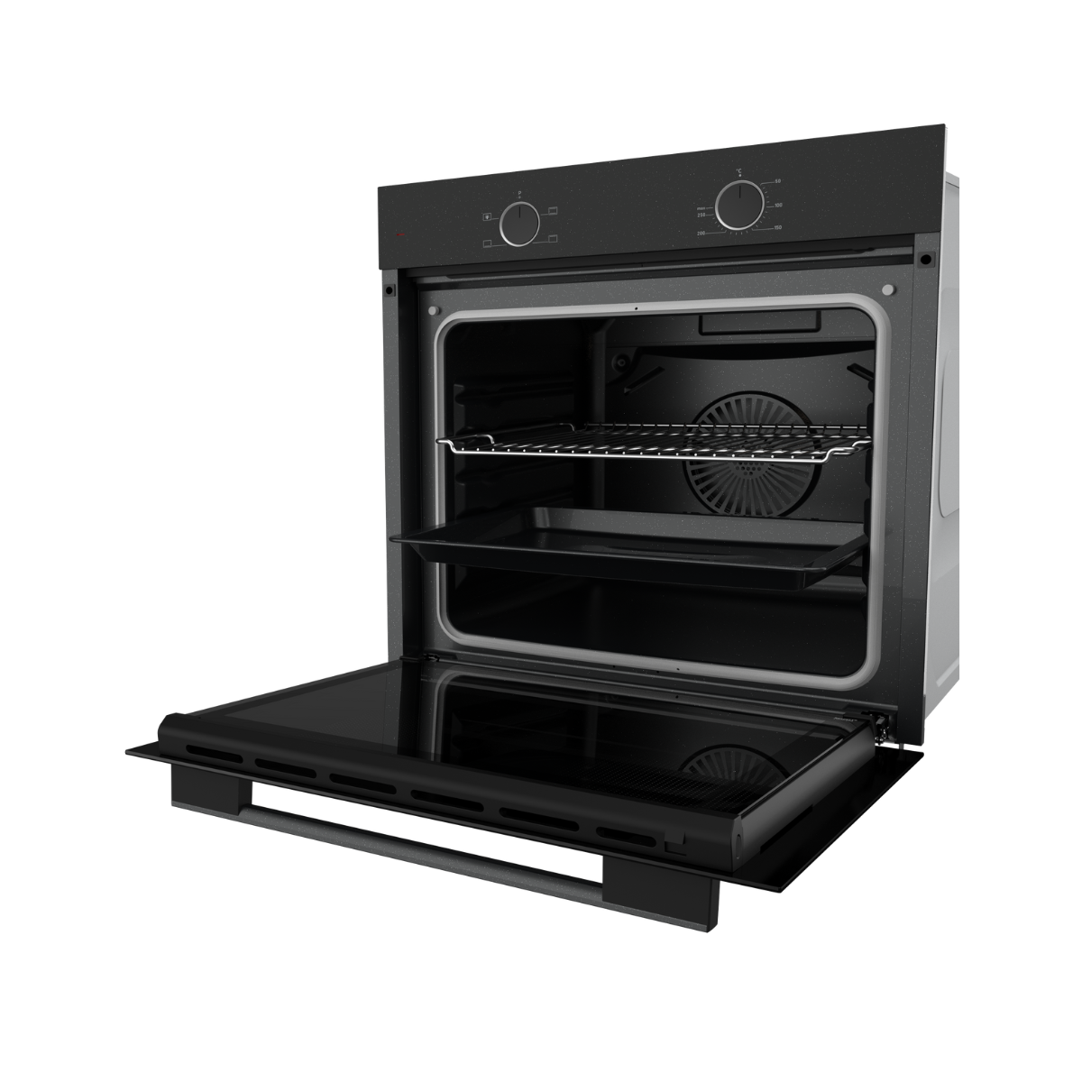Un forno nero aperto con un interno nero. Ha una griglia e una teglia all'interno. La porta è aperta.