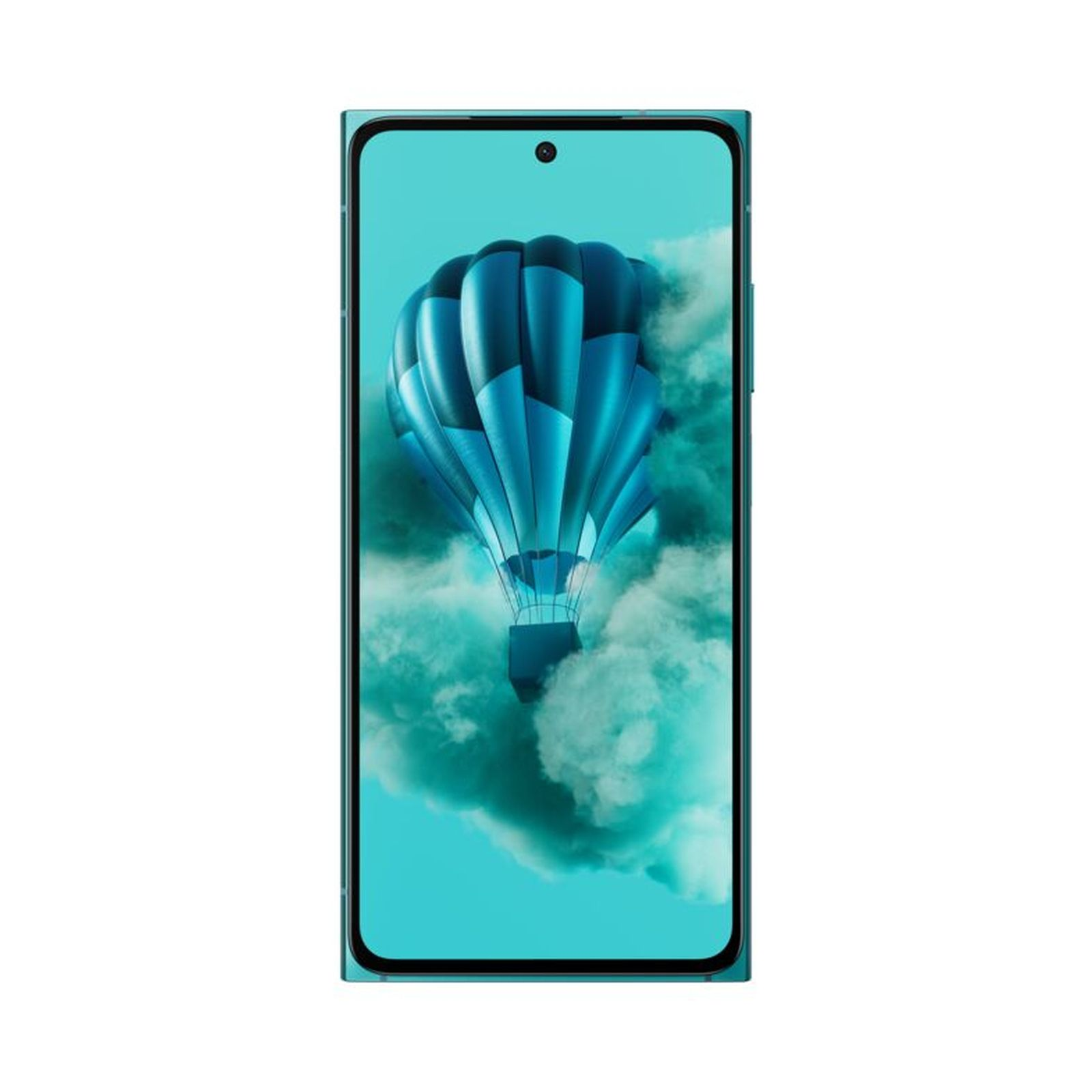 Blaues Smartphone mit einem Bildschirm, der eine Heißluftballonszene zeigt, auf hellblauem Hintergrund.