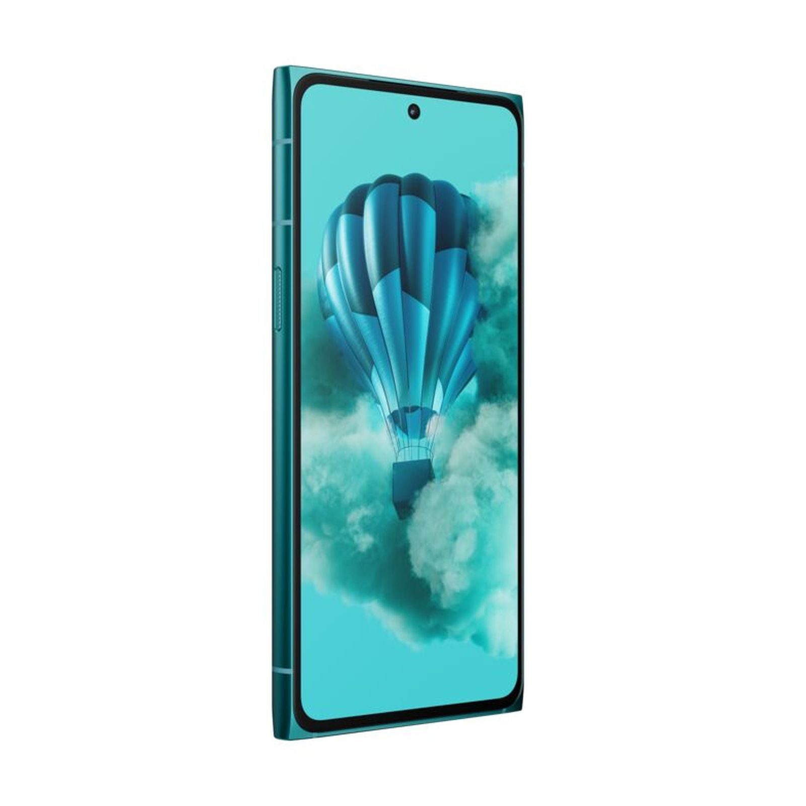 Türkisfarbenes Telefon mit einem Bildschirm, der einen blauen Heißluftballon zeigt.