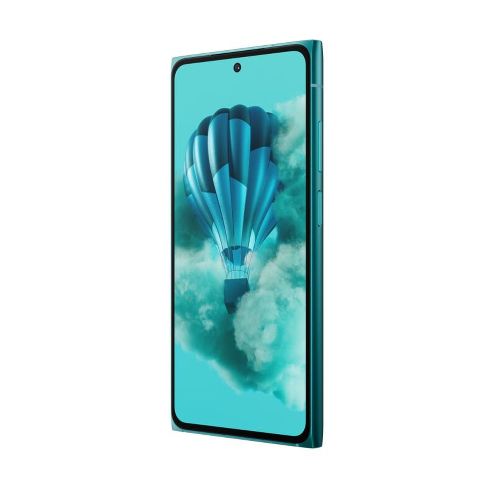 Ein türkisfarbenes Smartphone mit einem Ballonbild auf dem Bildschirm.