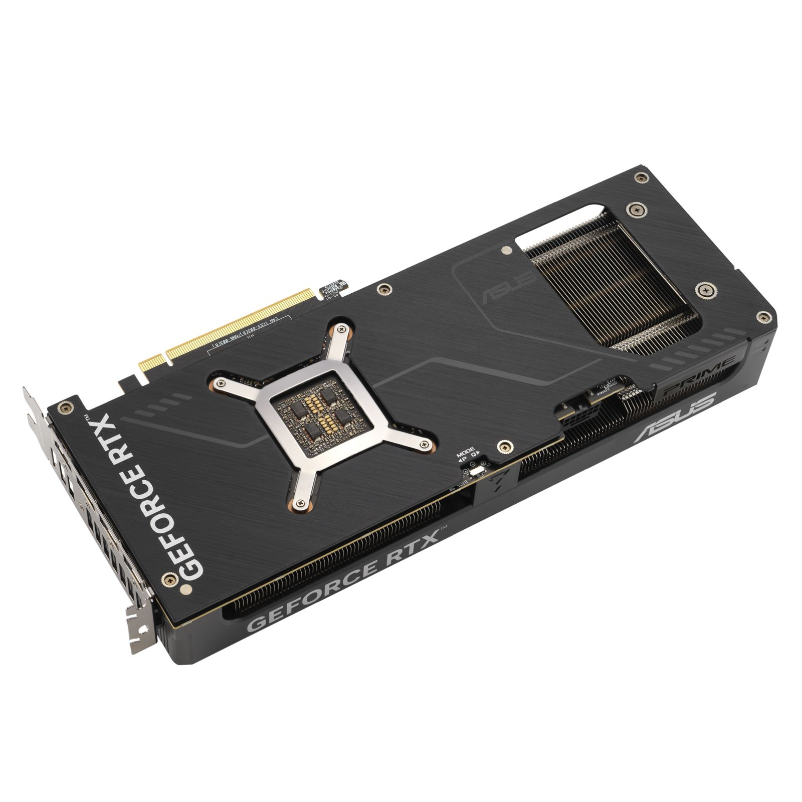 Una scheda grafica nera e argento con la scritta 'GEFORCE RTX' visibile sul lato.