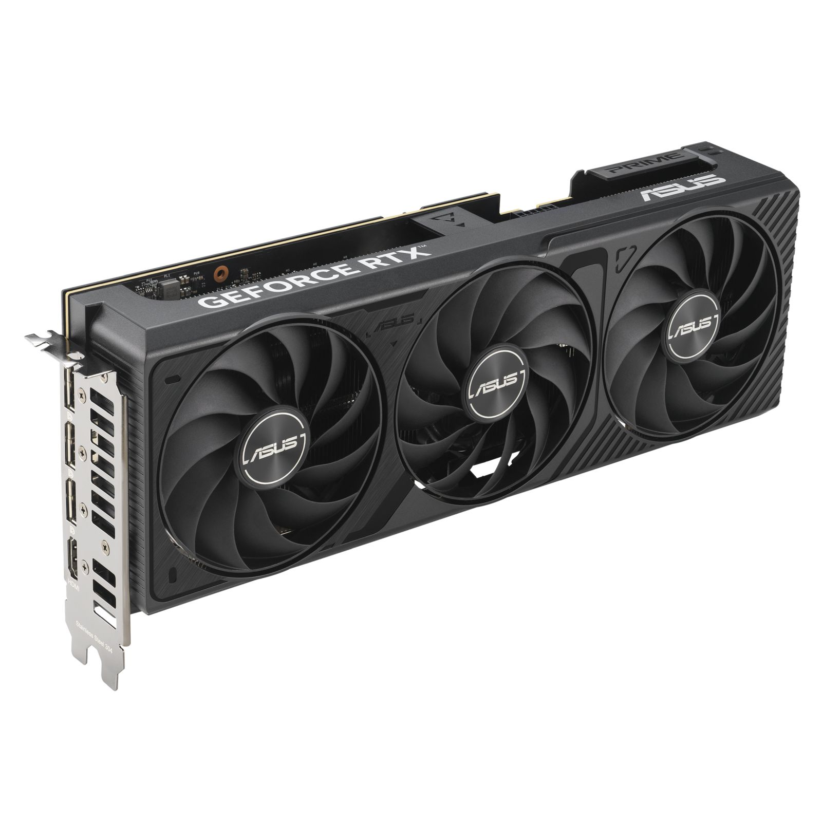 Scheda grafica ASUS GeForce RTX nera e argento con tre ventole, sfondo bianco.