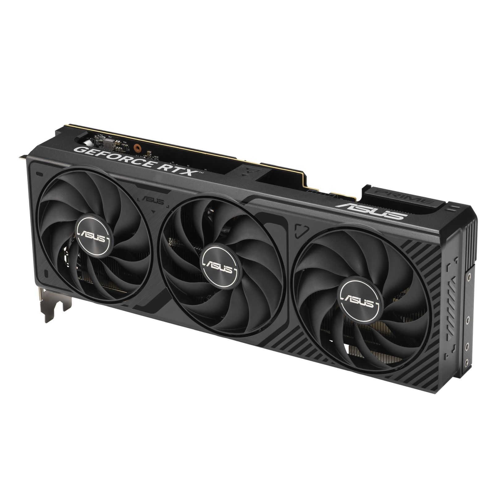 Scheda grafica con tre ventole. Scocca nera con testo 'GEFORCE RTX' e 'ASUS'.