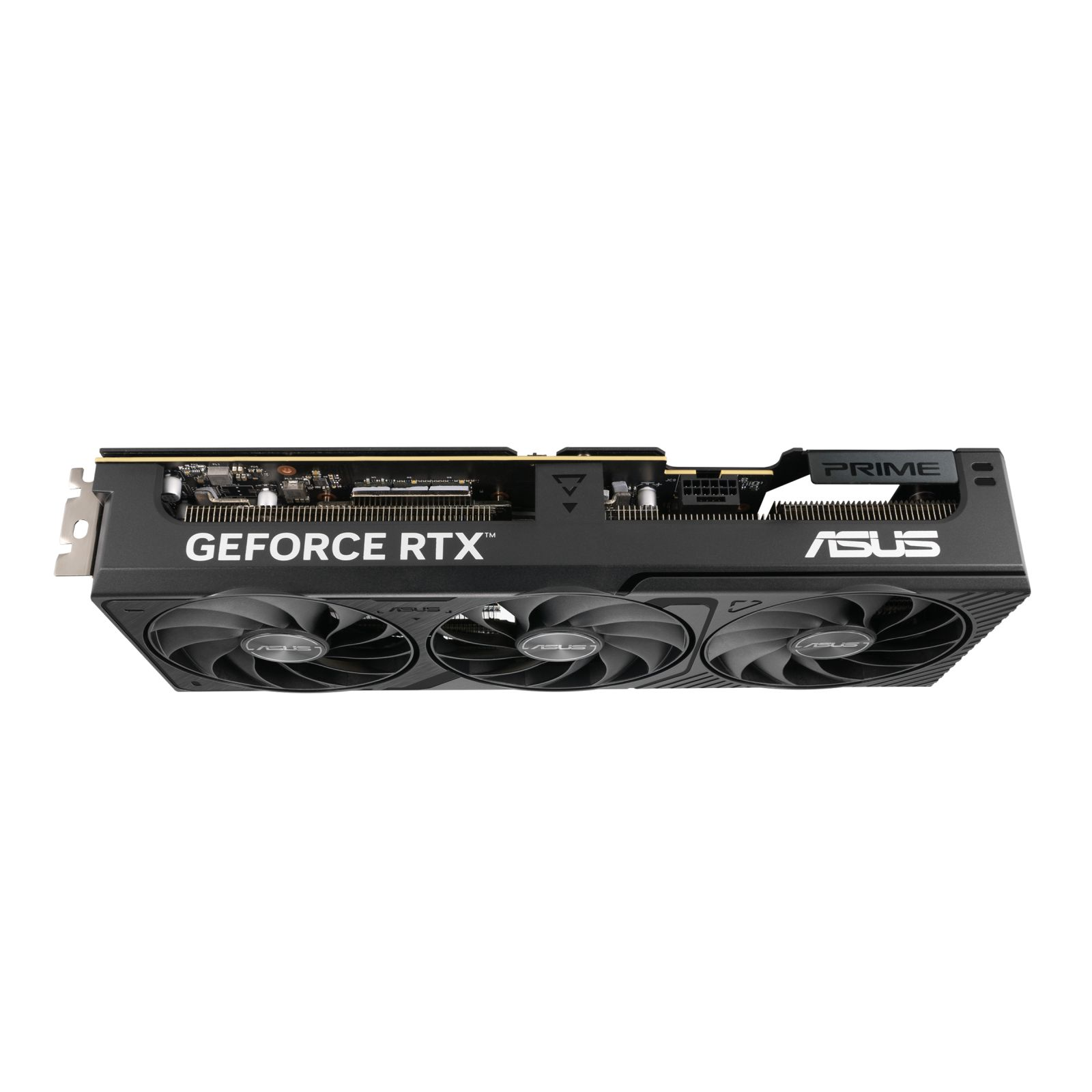 Scheda grafica nera con tre ventole, le parole 'GEFORCE RTX' e 'ASUS' sono visibili.