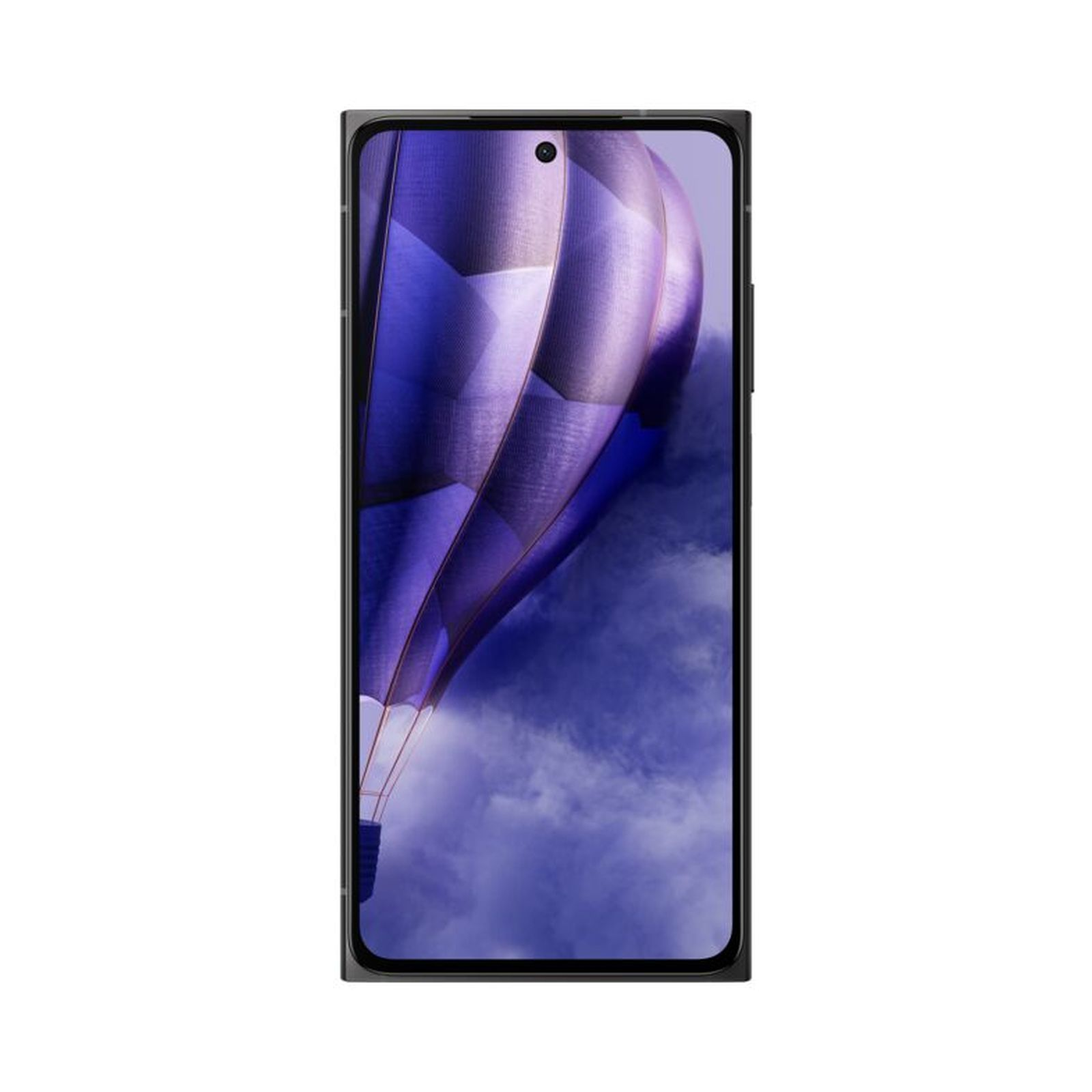 Schermo di uno smartphone che mostra una scena di mongolfiera viola, incorniciata in un telaio scuro. Lo schermo riempie la vista.