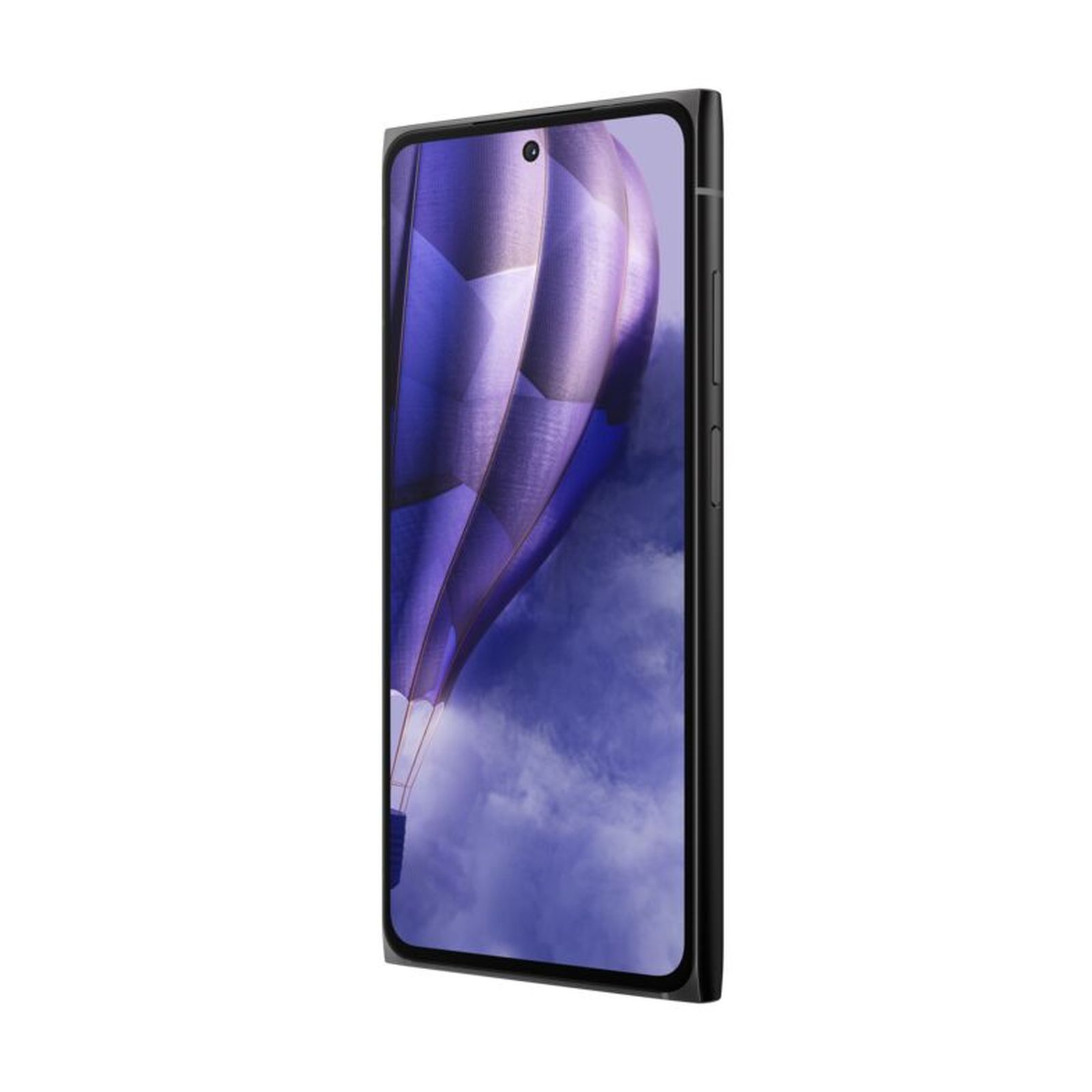 Uno smartphone nero di profilo. Lo schermo mostra un'immagine astratta viola e blu.