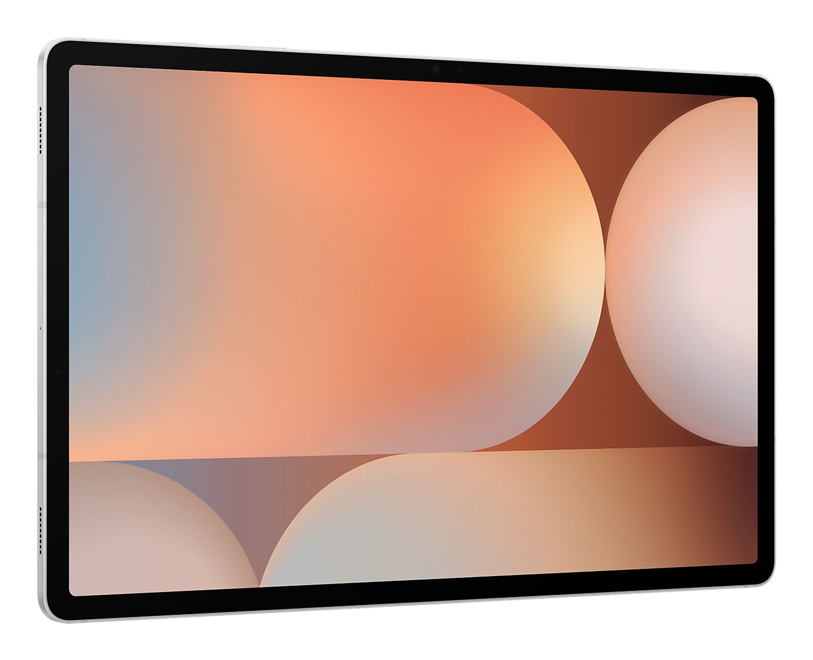 Un tablet bianco e argento su sfondo bianco che mostra un'immagine astratta arancione e blu.