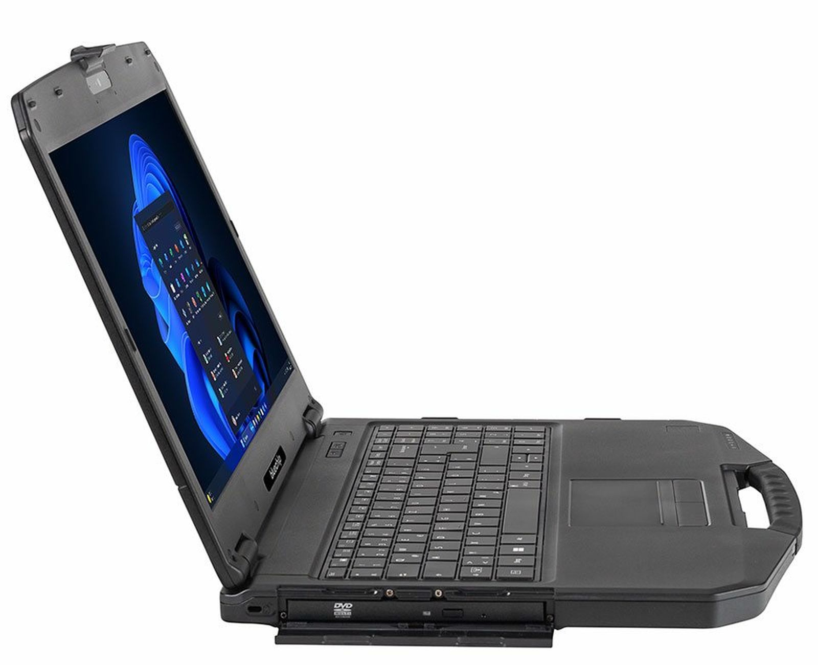 Wytrzymały laptop z czarną obudową, otwarty, wyświetlający ekran z interfejsem.