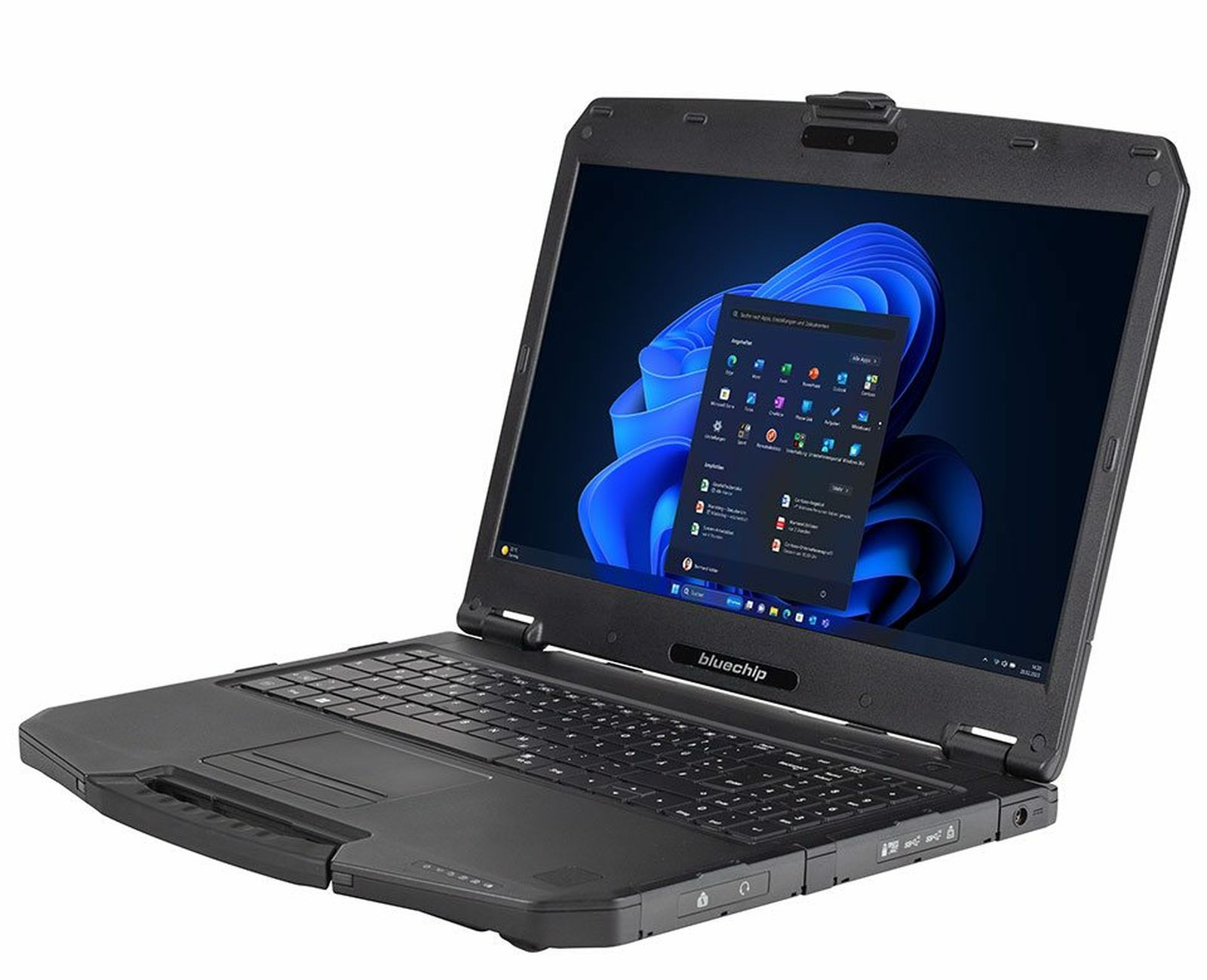 Czarny laptop z logo bluechip, pokazujący interfejs Windows na ekranie.