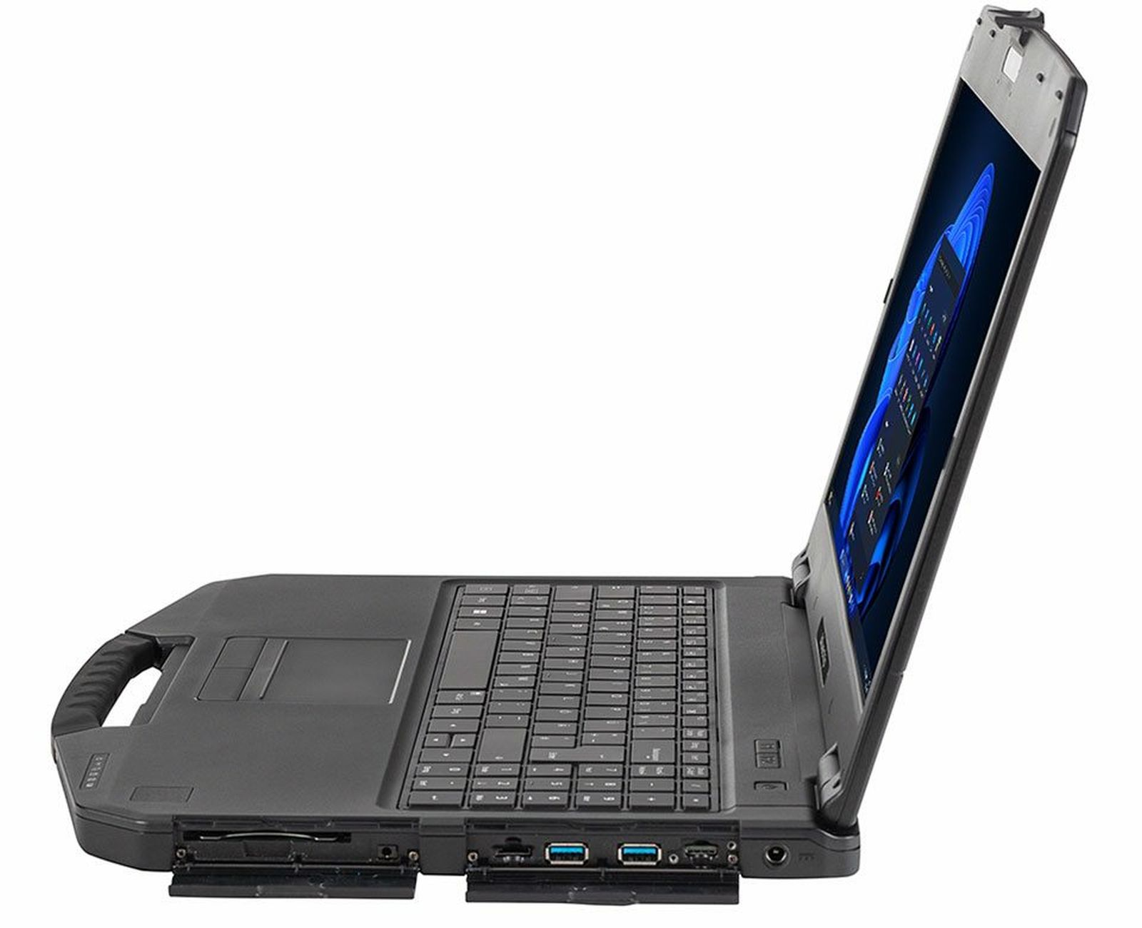 Laptop z otwartym ekranem, widok z boku, czarna obudowa, z widocznymi portami i uchwytem.