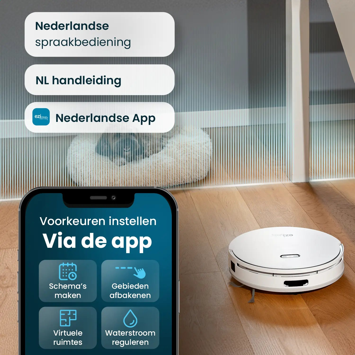 Telefon pokazuje interfejs aplikacji z kontrolą inteligentnego domu. Robot sprzątający na drewnianej podłodze.