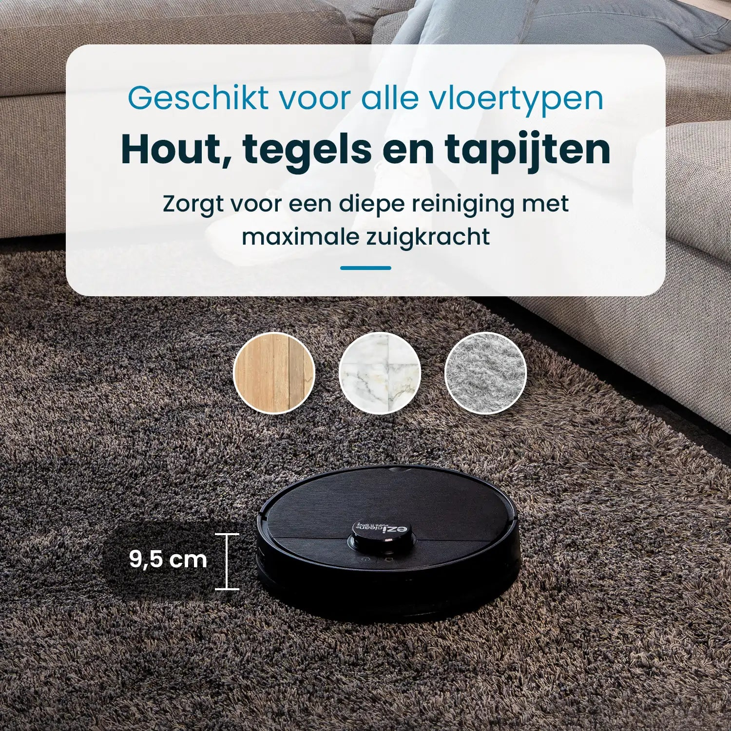 Odkurzacz robot na dywanie, z tekstem o czyszczeniu drewna, płytek i dywanów. Wysokość 9,5 cm.