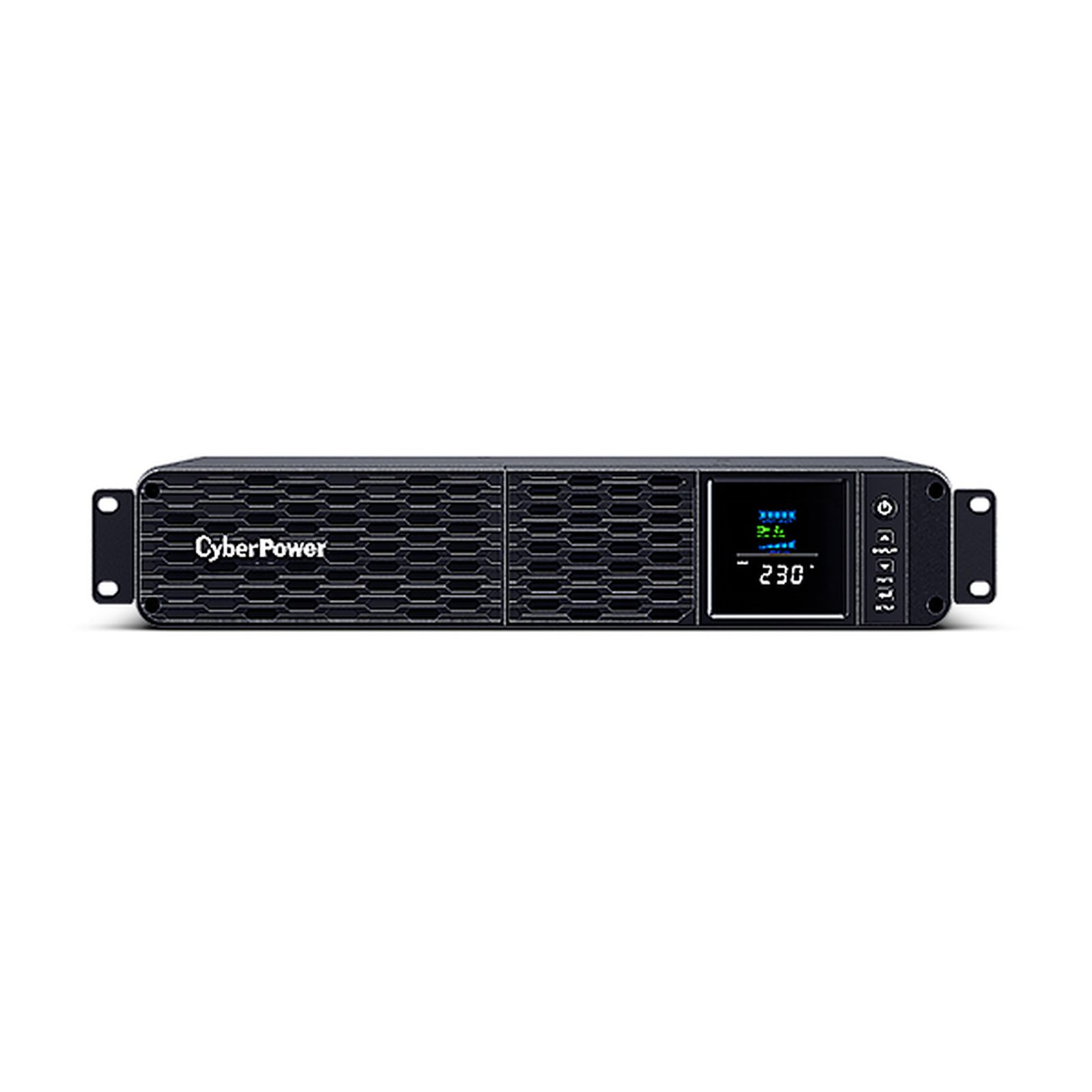 Schwarzes CyberPower USV-Gerät mit einer Anzeige, die 230 anzeigt. Das Gerät hat Anschlüsse und Knöpfe auf der Rückseite.