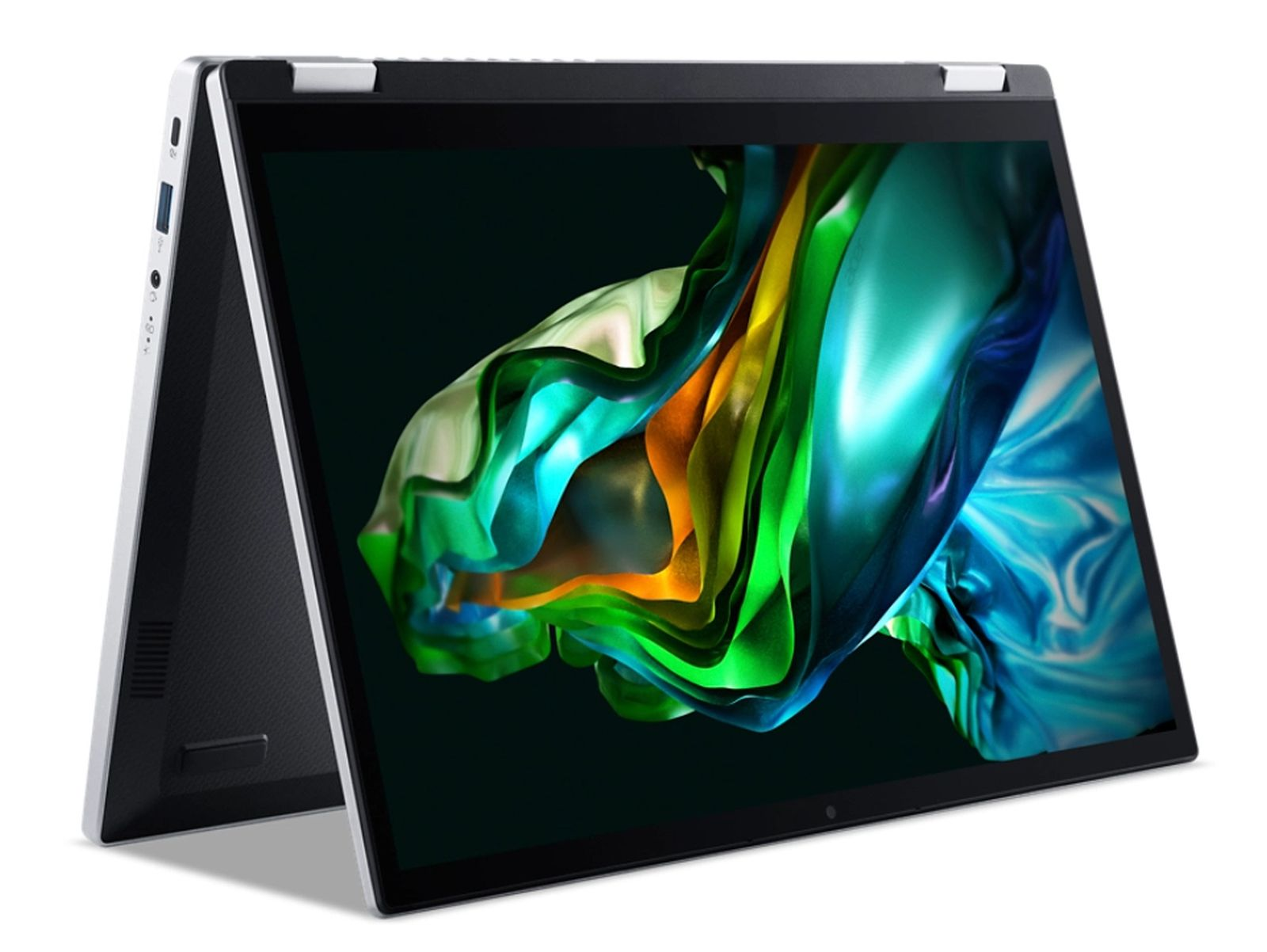 Laptop z ekranem wyświetlającym kolorową sztukę abstrakcyjną, otwarty i pochylony.