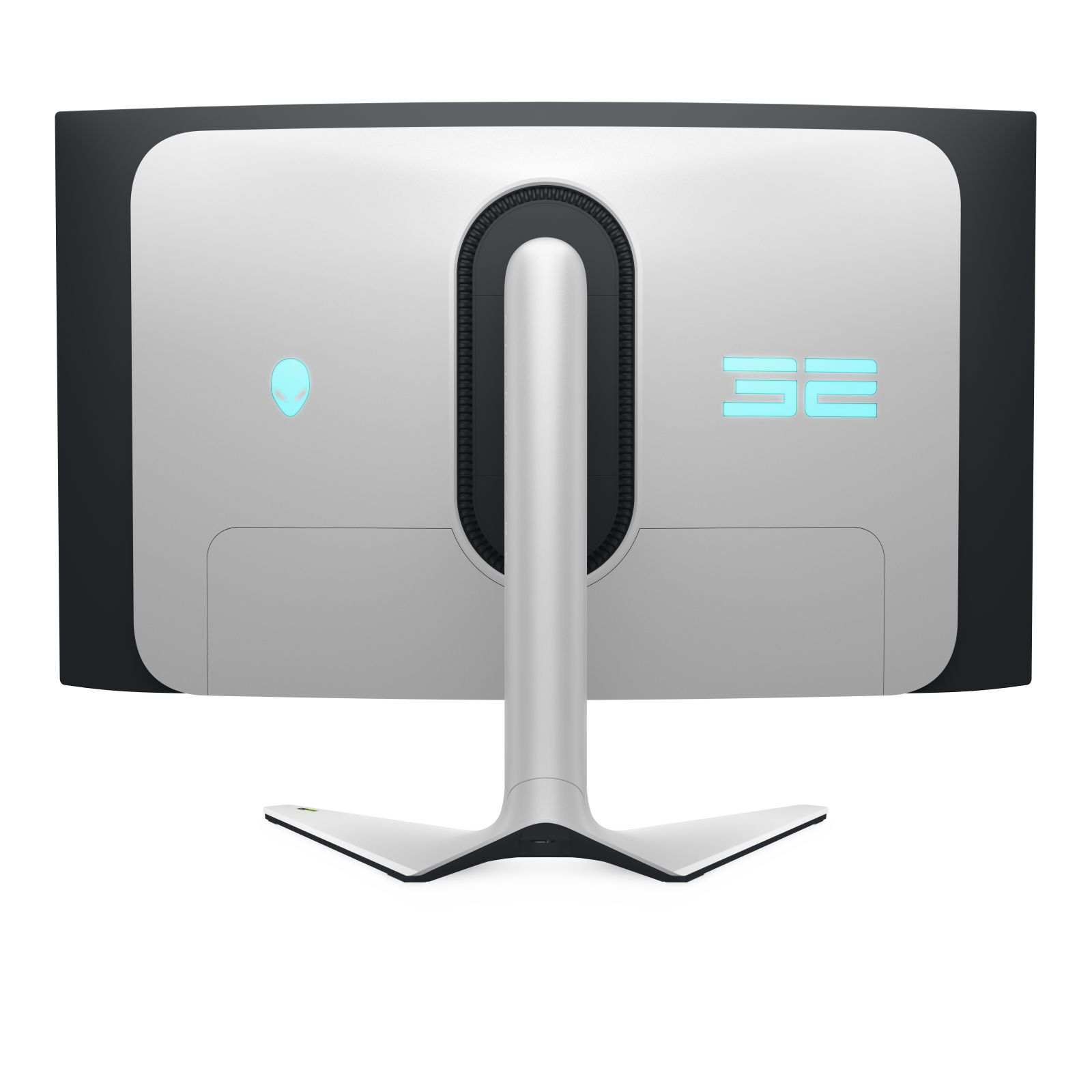 Tył monitora Alienware 32, szary i czarny, z podświetloną liczbą 32.