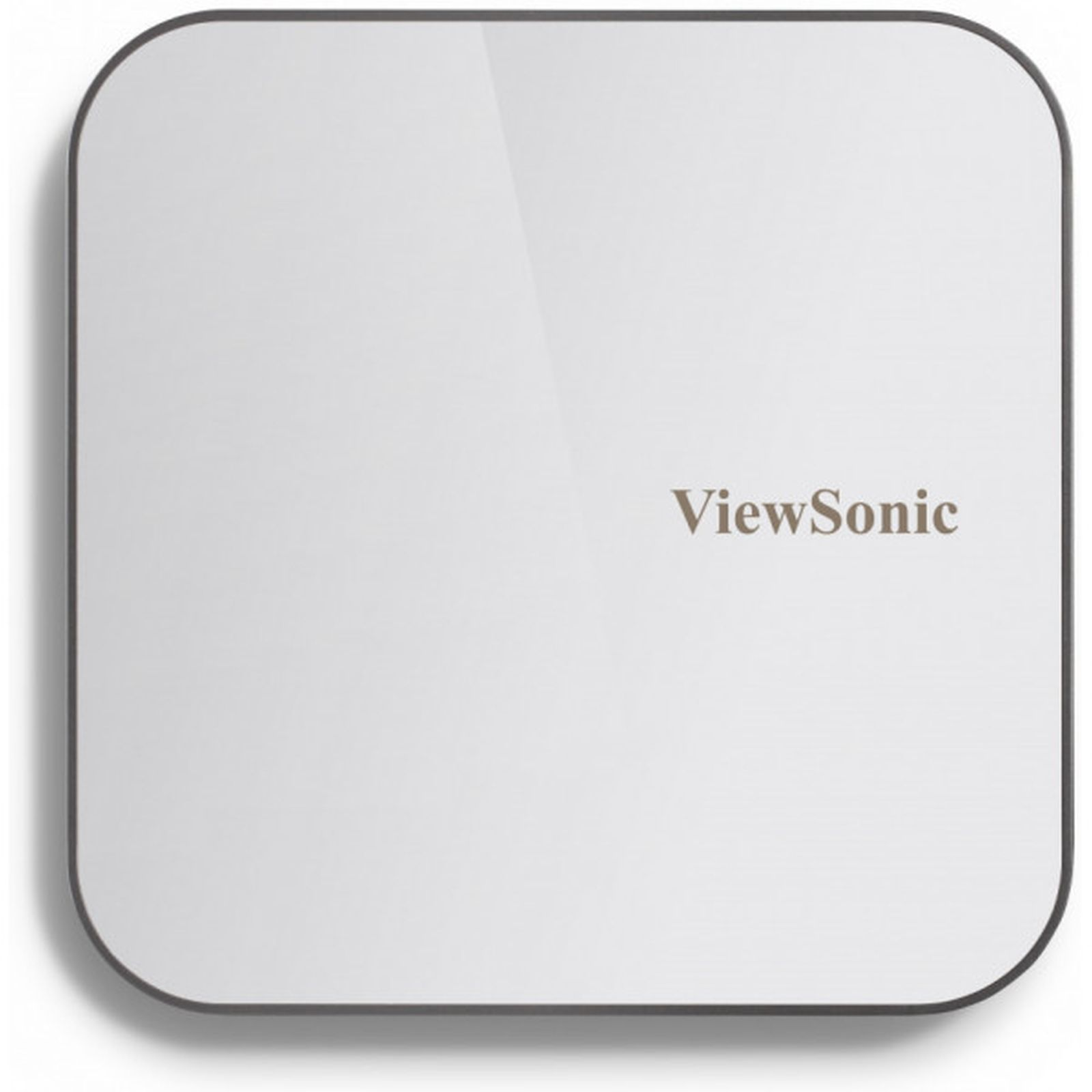 Un dispositivo cuadrado blanco con esquinas redondeadas, marca 'ViewSonic' en el centro.