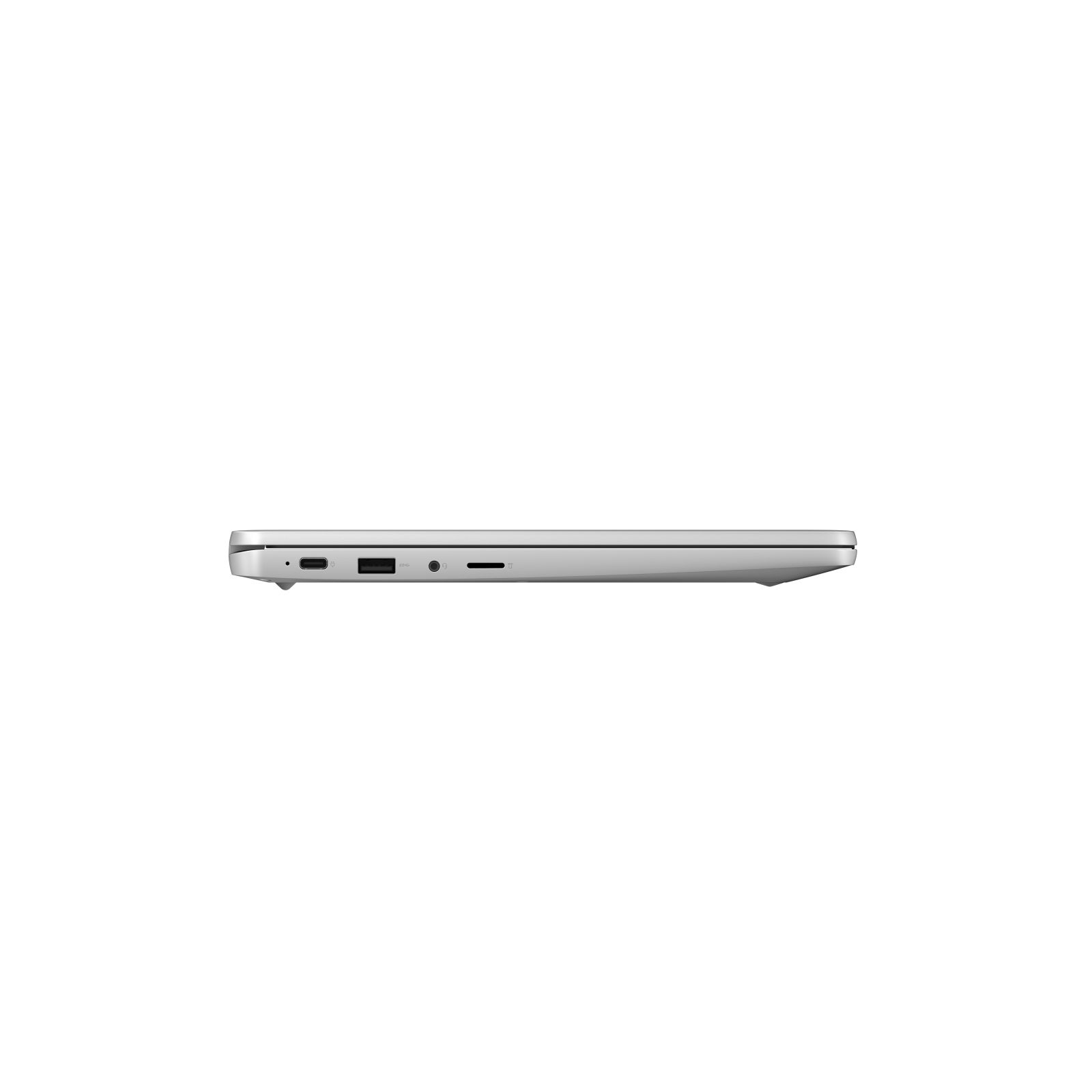 Seitenansicht eines silbernen Laptops. Der Laptop ist geschlossen und hat Anschlüsse auf der Seite.