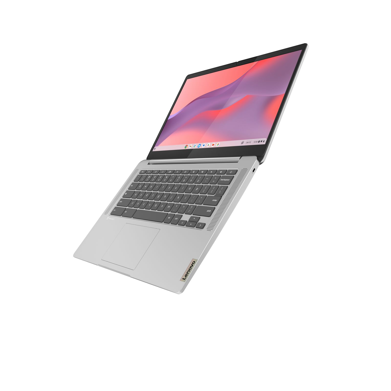 Ein silberner Laptop mit hellgrauer Tastatur, geöffnet auf weißem Untergrund.