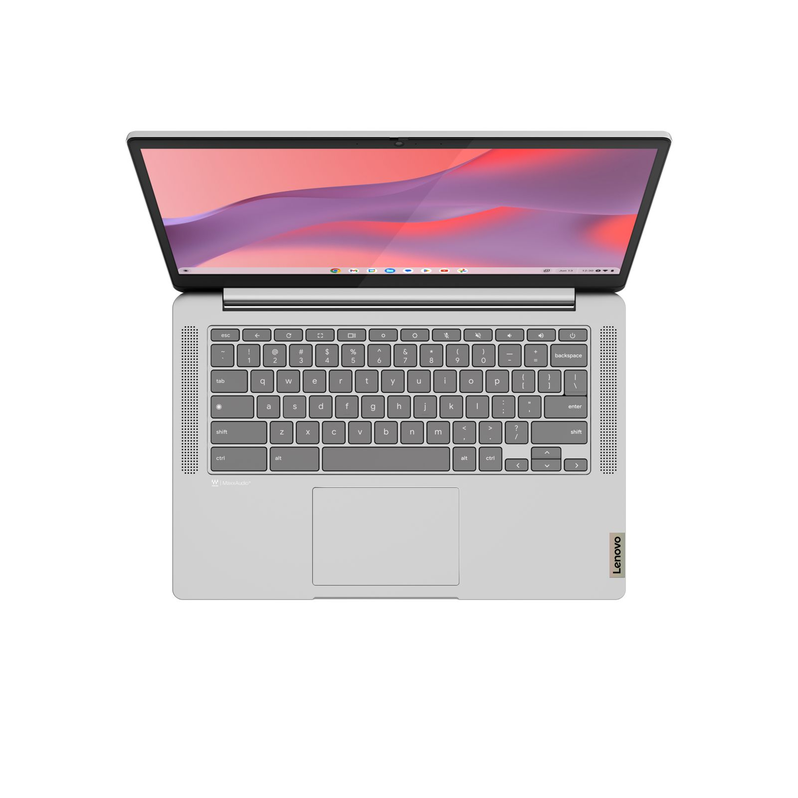 Ein silberner Laptop mit rotem Bildschirm, offen auf weißer Oberfläche. Die Tastatur ist sichtbar.