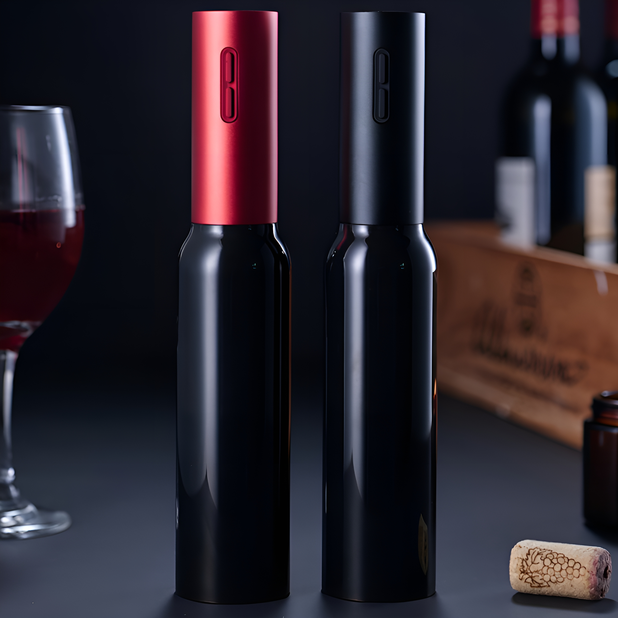 Zwei schwarze und rote Weinöffner werden mit Weinflaschen gezeigt.