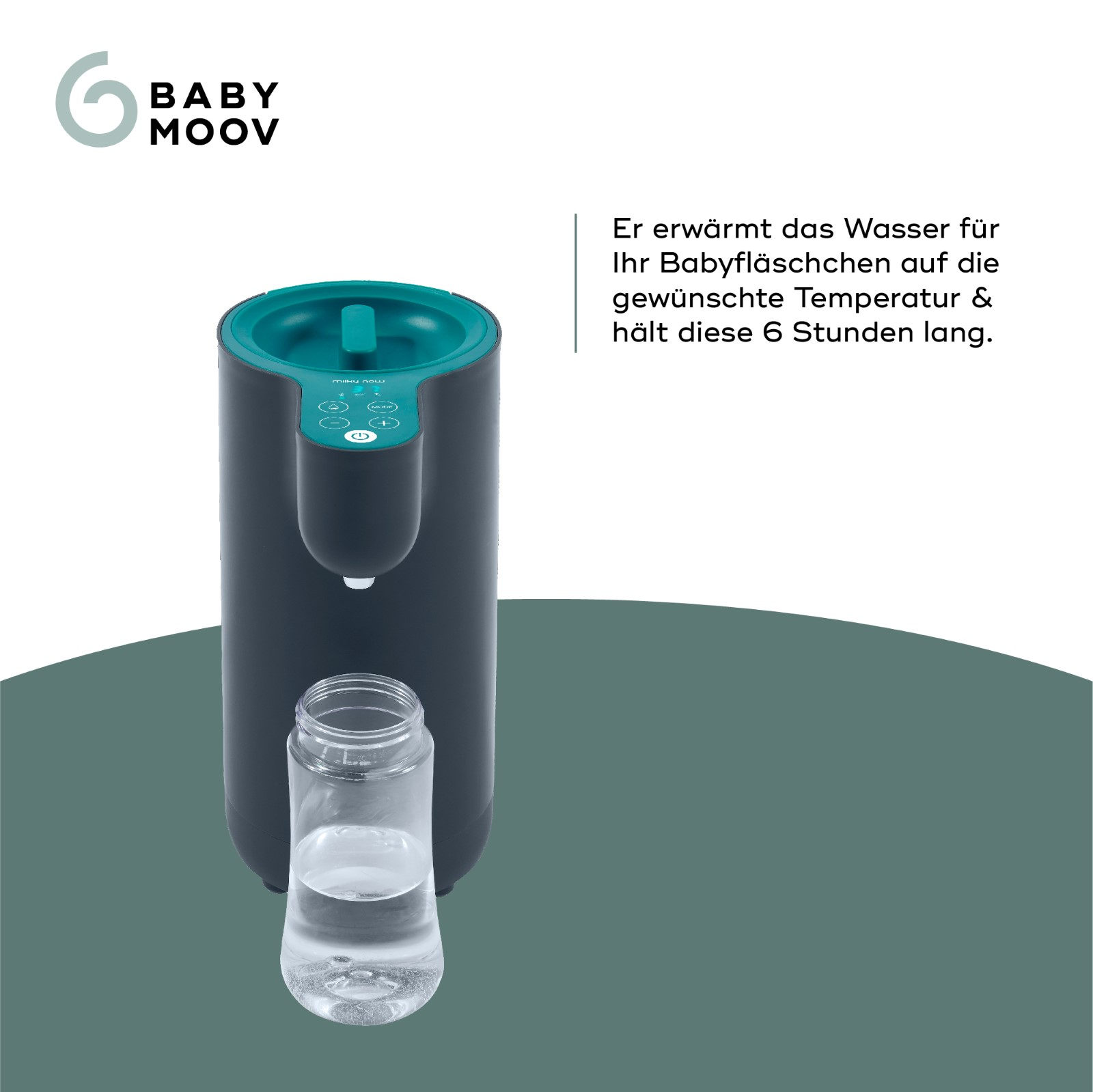 Babyflaschenwärmer mit Flasche und Wasser. Text auf Deutsch beschreibt die Wärmefunktion.
