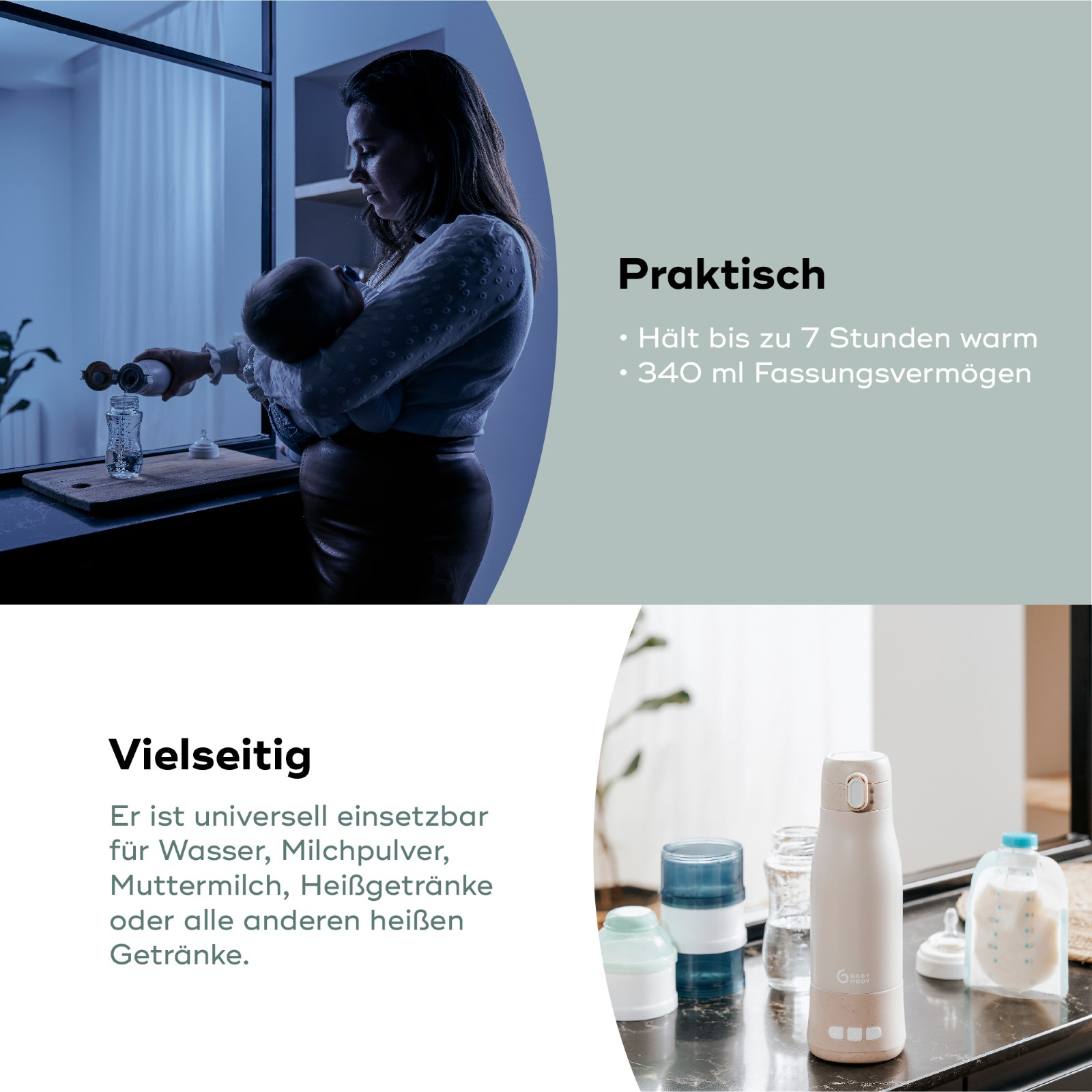 Frau hält Baby, Text über Produkt. Flaschen und Gegenstände auf einer Theke. Text sagt 'Vielseitig' und 'Praktisch'.