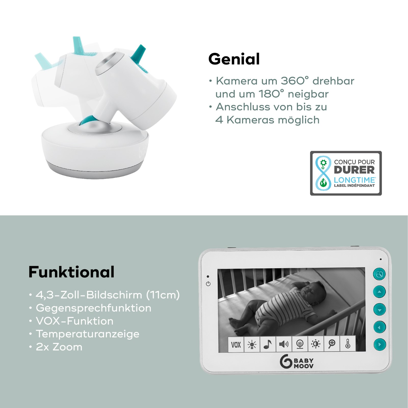 Ein Babyphone mit Monitor und Kamera. Enthält Text und Symbole in Weiß auf weißem Hintergrund.