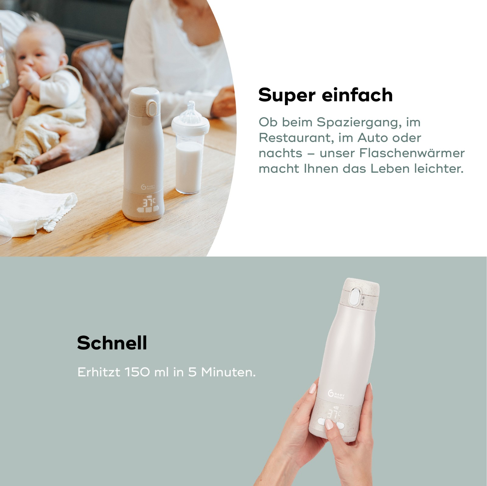 Ein Babyflaschenwärmer mit Flasche und Baby im Hintergrund. Text: Super einfach.