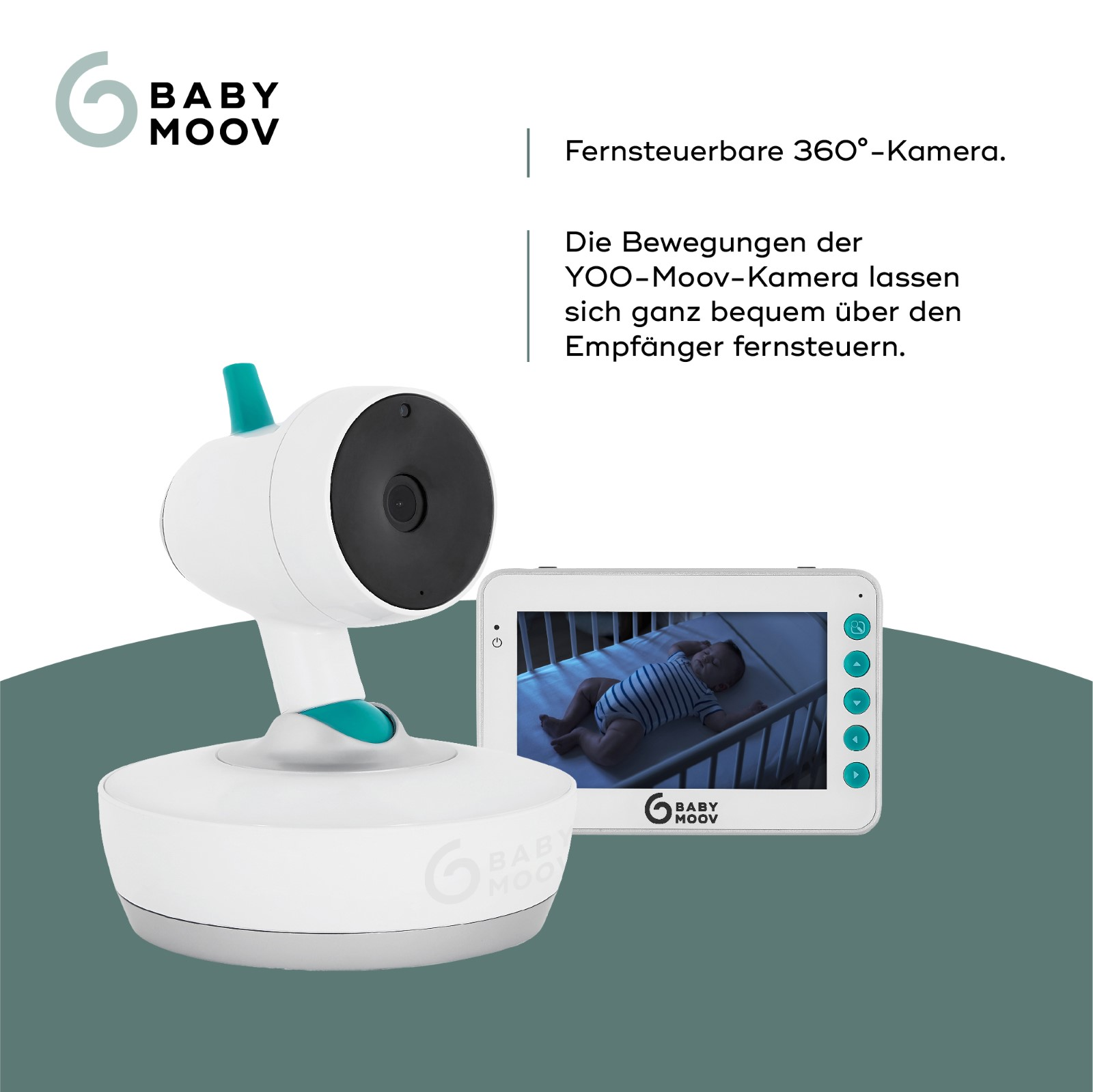 Ein Babyphone mit einem Baby im Kinderbett und Text.