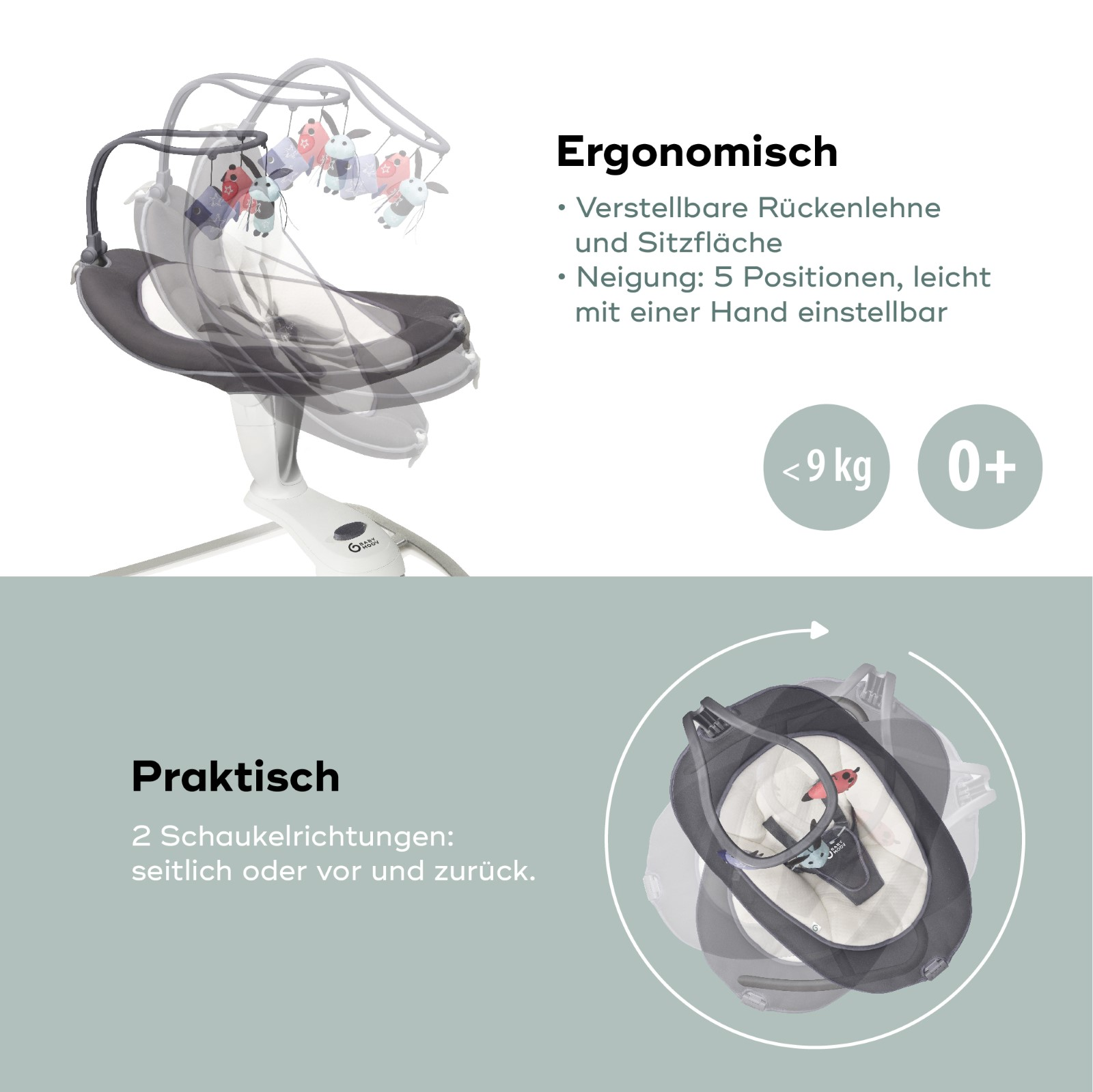 Eine Babyschaukel mit Text, der ergonomische Eigenschaften, Richtungen und Gewichtsgrenze von 9 kg erklärt.